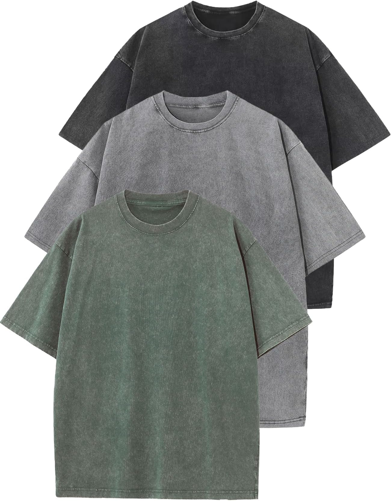 Flygo 3 Pack Men Oversized T Shirts Acid Washed Unisex Tee Loose Fit Short Sleeve Casual Streetwear Baggy Basic Tops