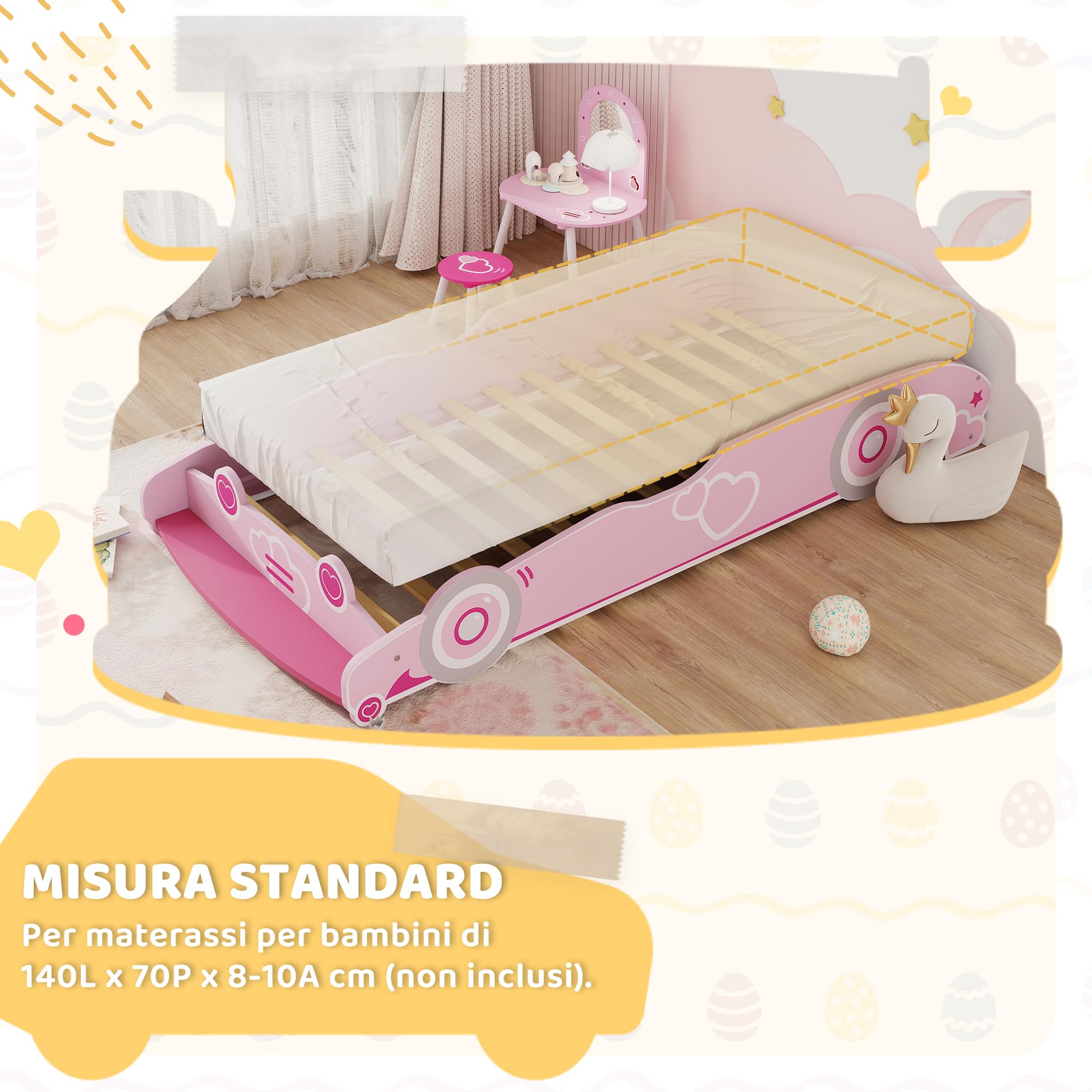 AIYAPLAY Letto per Bambini a Forma di Macchina, Lettino per Bambini da 3-5 Anni con Sponde Rialzate di Sicurezza, 140x70 cm, Rosa