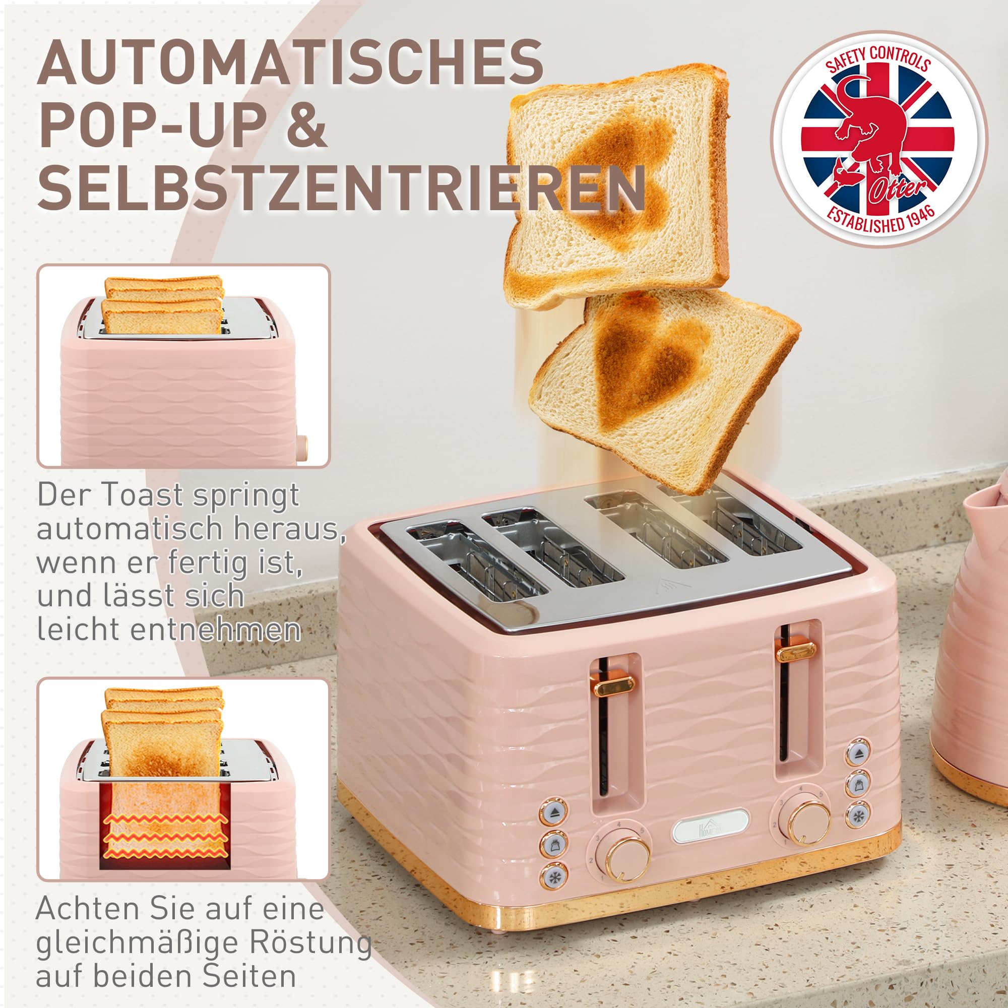 HOMCOM Set petit-déjeuner bouilloire 1,7 L grille-pain 4 tranches 2200 W 7 niveaux grillage thermostat Otter rose