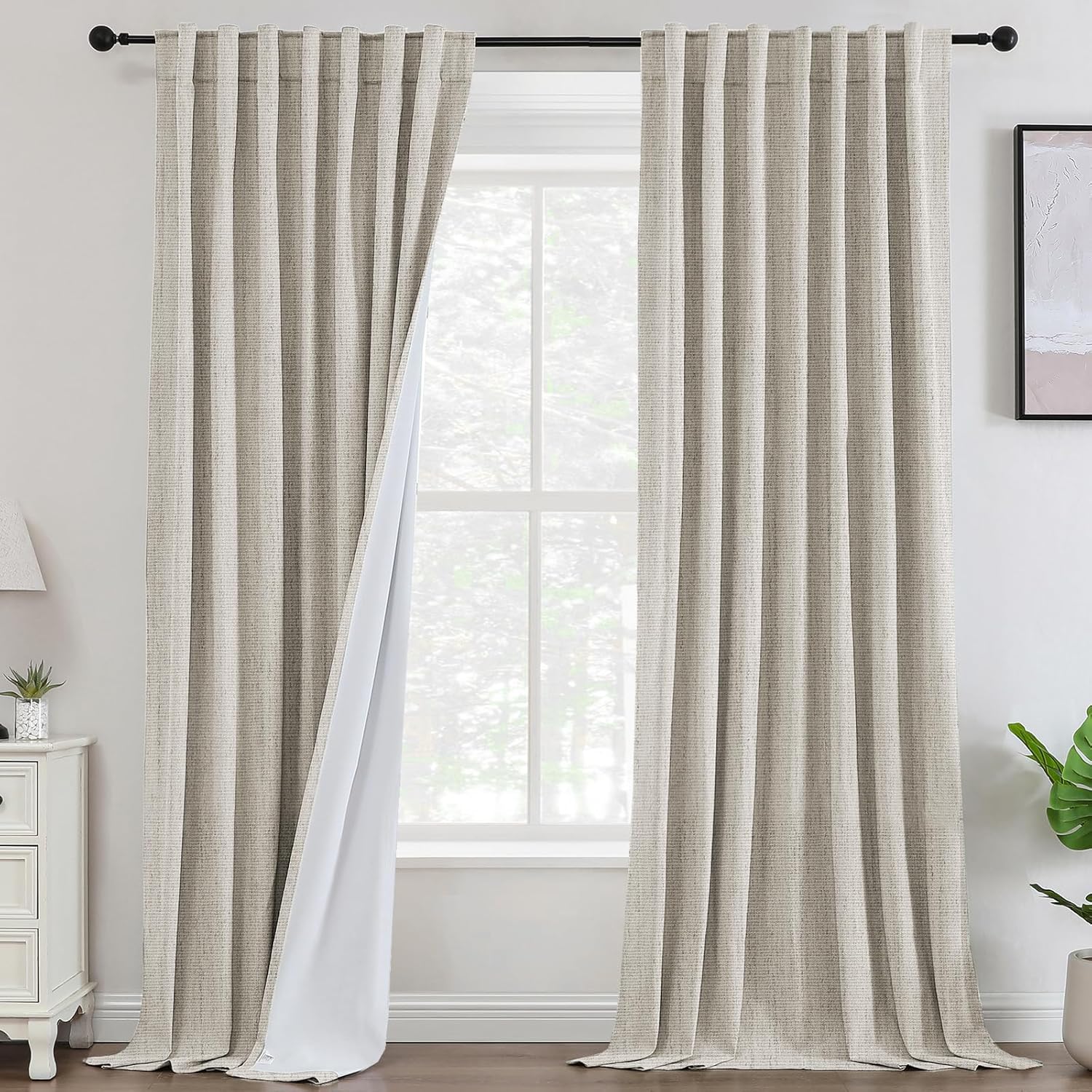 100% Blackout Natural Cream Beige Linen Curtains 108 Inch Length 2 Panels for Living Room Bedroom Black Out Drapes Floor to Ceiling Window 9 FT Drapes,52" W x 108" L, Natural(Not Solid)