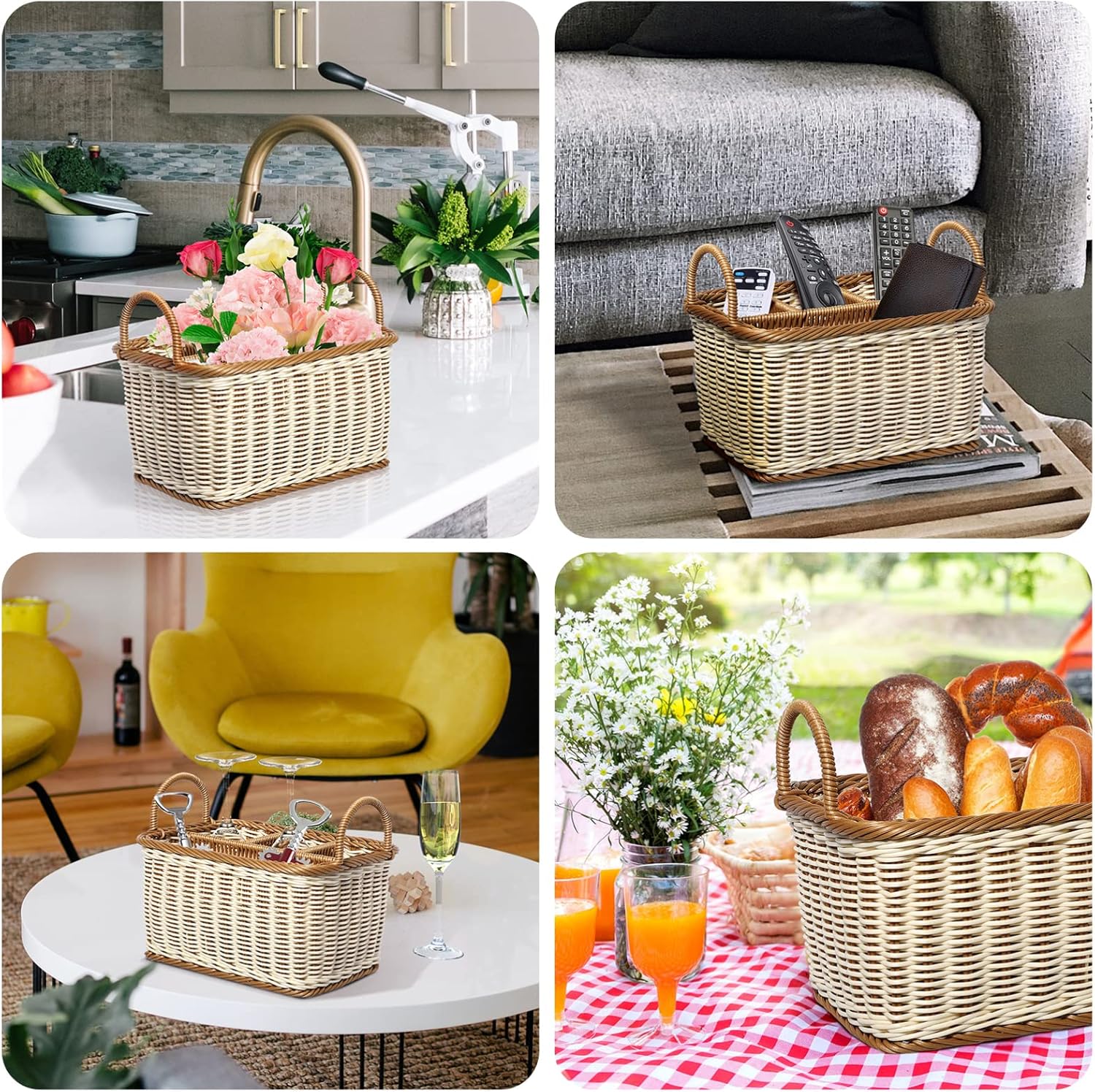 Hemoton Wicker Divided Storage Basket Silverware Woven Basket, Storage Organizer, Utensil Holder, Forks, Spoons, Napkins, for Desk Supplies, Pens, Staples