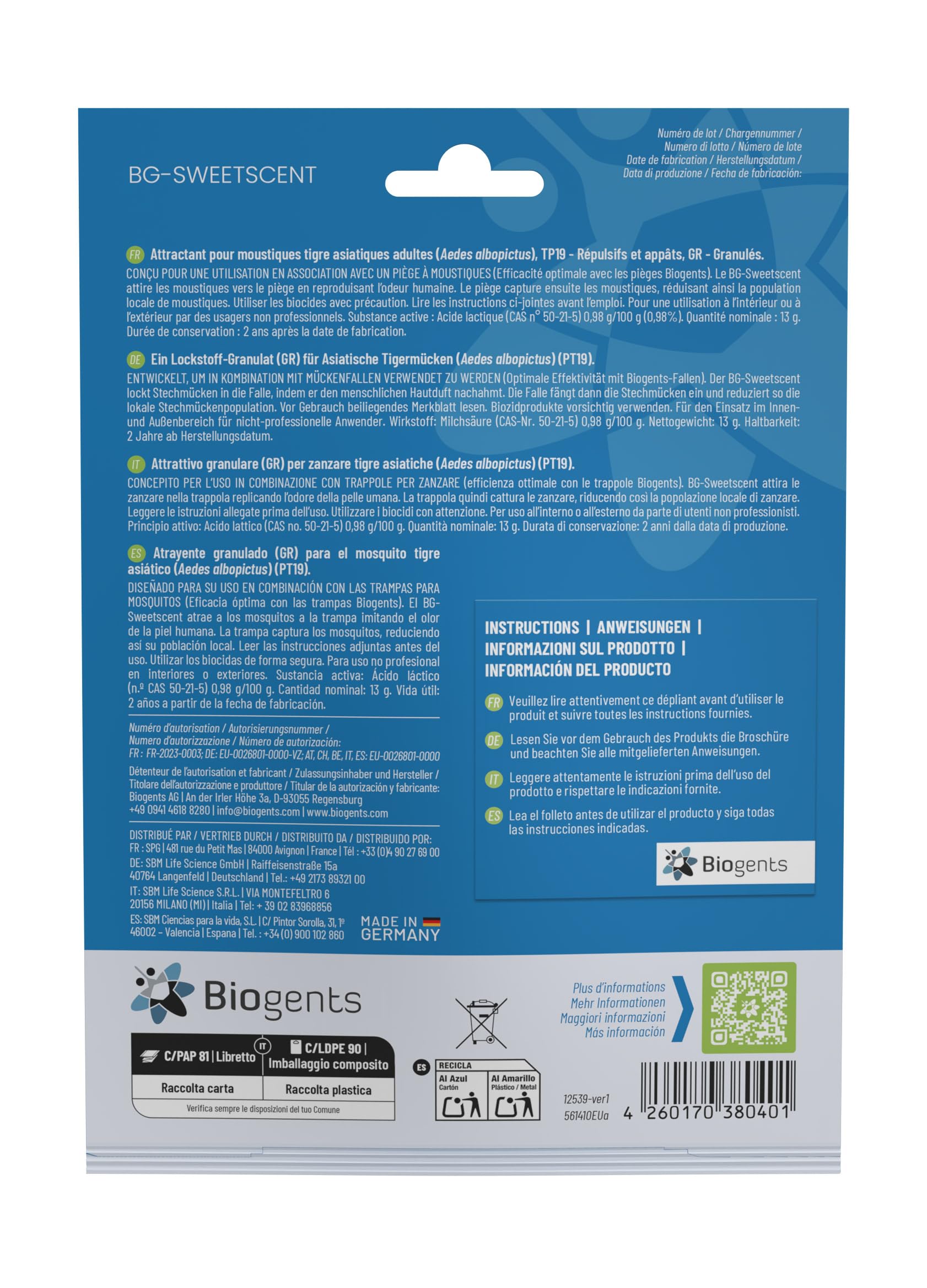 BIOGENTS BG-MOSQUITAIRE Piège Extérieur Anti-Moustiques Recharge 2 Mois BG-SWEETSCENT