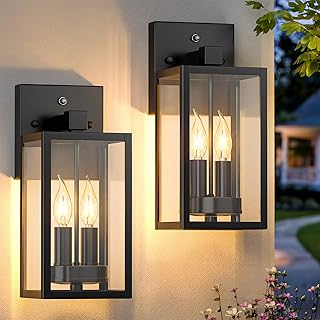 Dusk to Dawn Outdoor Lighting Fixtures Wall Mount, Outside Exterior Front Porch Lights for House, Sensor Wall Sconce Lantern Lamp, Waterproof Black Coach Lights for Garage Patio (2 Pack)