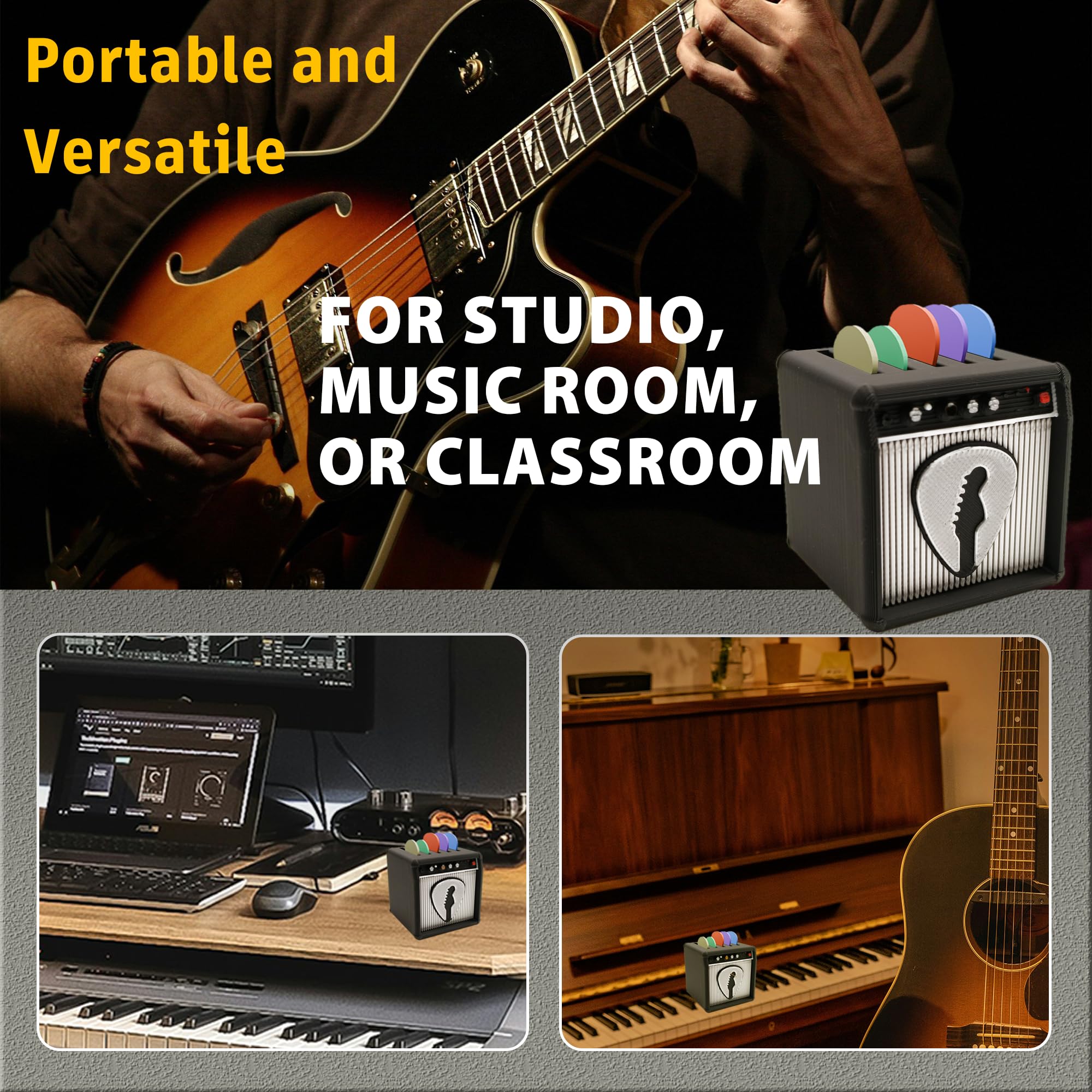 Soporte único para púas de guitarra, modelo de amplificador de guitarra, organizador de púas y vitrina, regalo para entusiastas de la música y guitarristas (plateado)