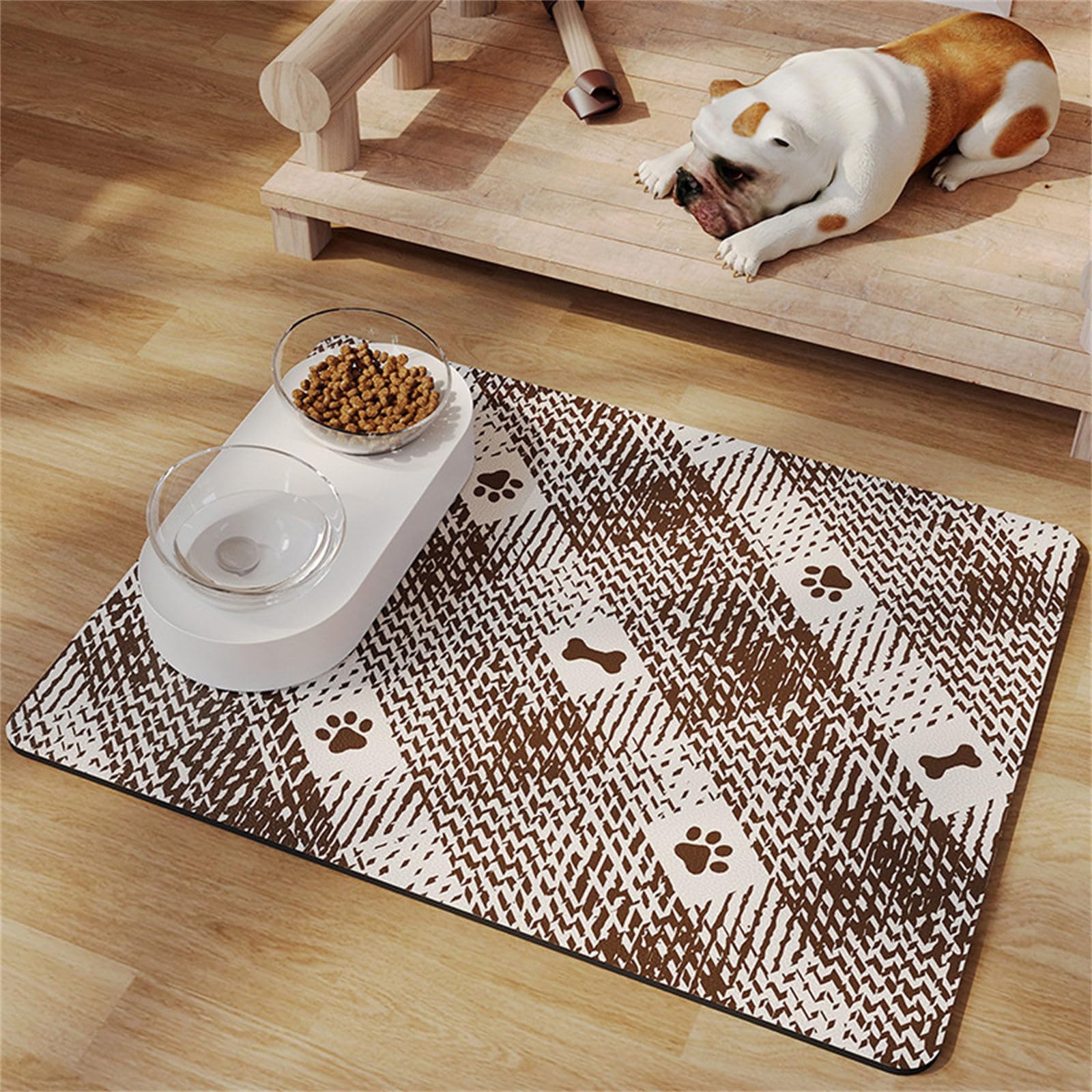 Hearda Absorbent Pet Food Mat, Vintage Style Pet Mats for Food Bowls Pet Feeding Mat Dog Bowl Mats Non Slip Quick Dry Water Dispenser Mat Durable Dog Food Placemat (30x40cm,Coffee Color)