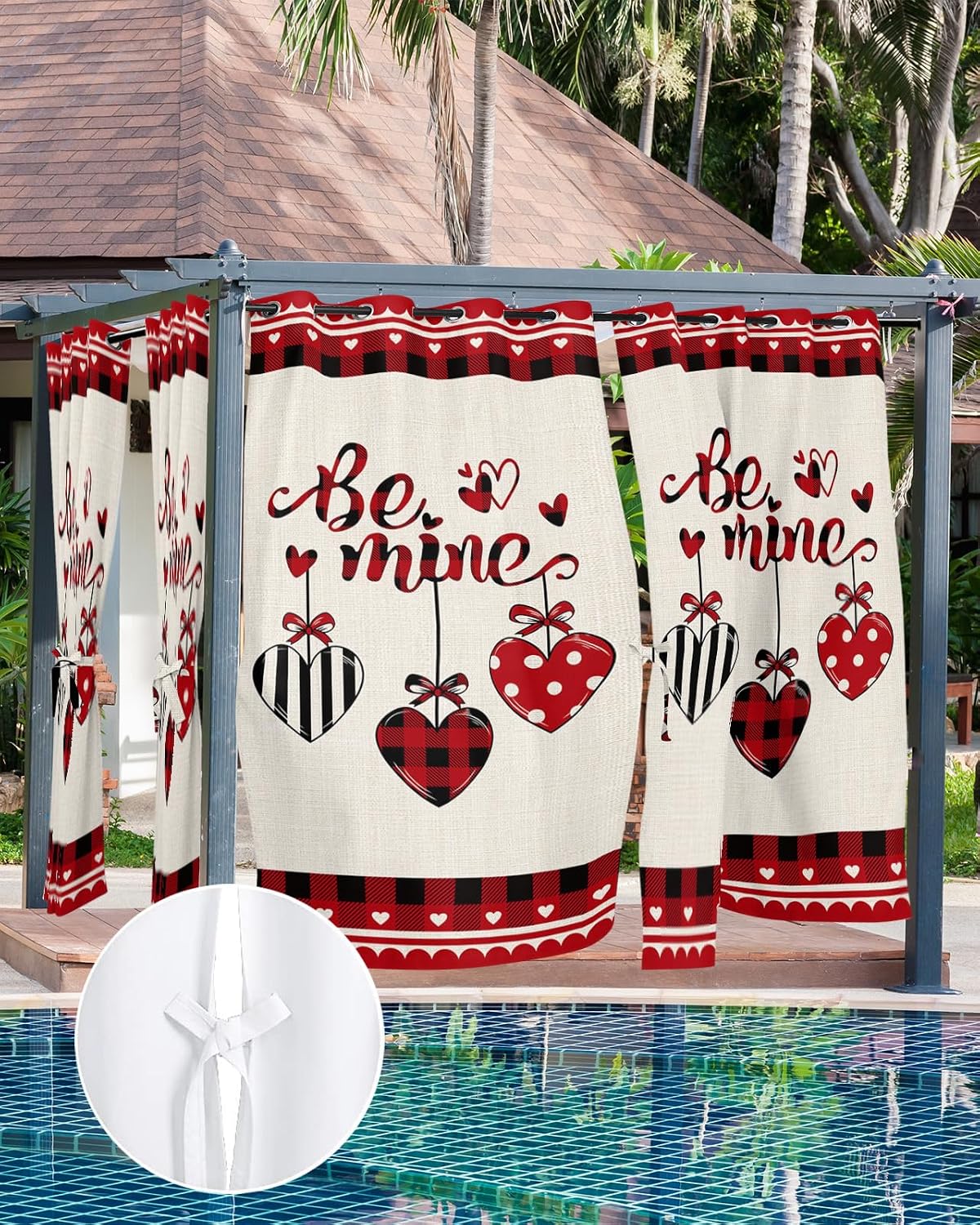 Indoor Outdoor Curtains for Patio Valentine's Day Plaid and Stripes Red Love Heart Beige Outside Curtains Waterproof Grommet Privacy Light Filter Drapes for Porch Pergola Gazebo 52"Wx108"L 1 Panel