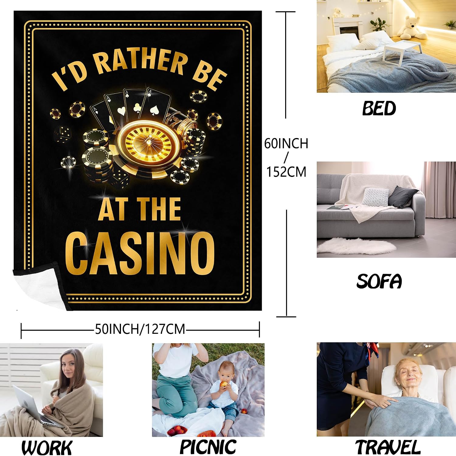 QOJUYO Casino Gifts for Women/Men, Gambling Gifts for Men/Women, I'd Rather Be at Casino Blanket 60"x50"