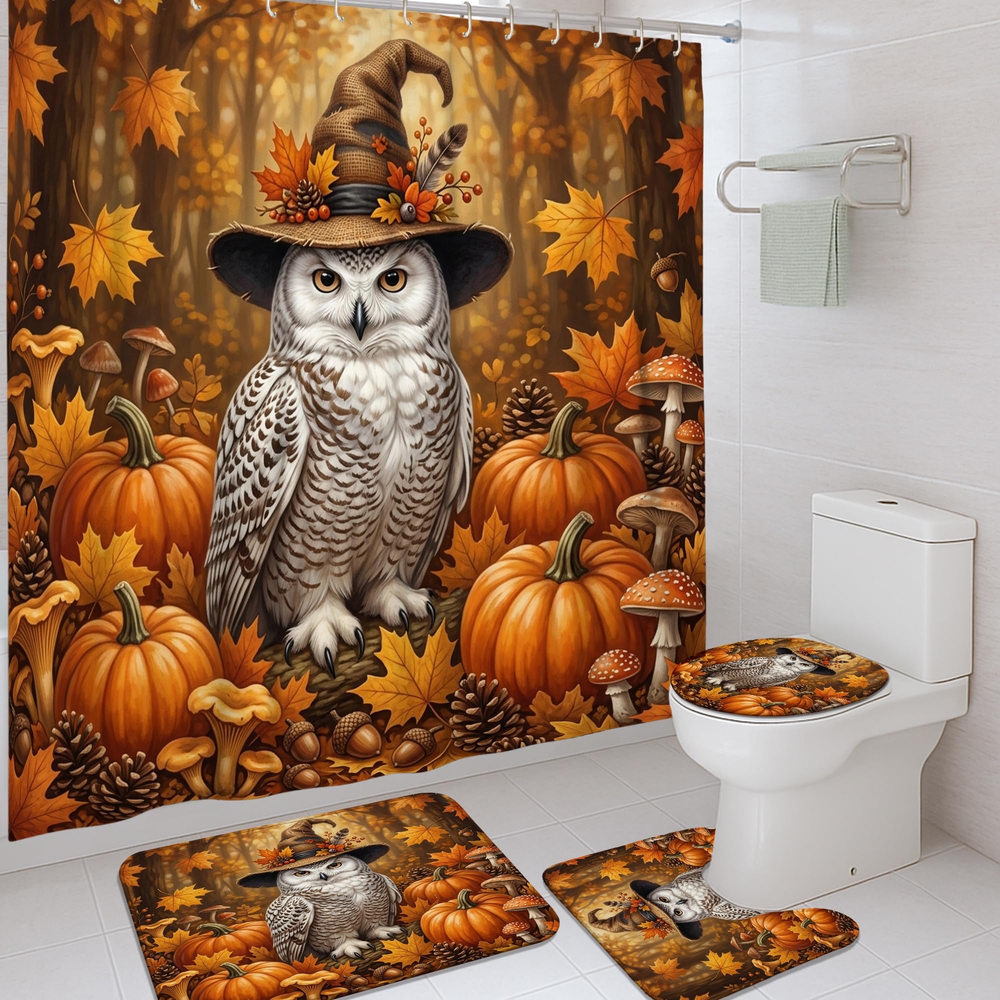 Rideau de douche et tapis motif hibou citrouilles orange pour salle de bain lavable