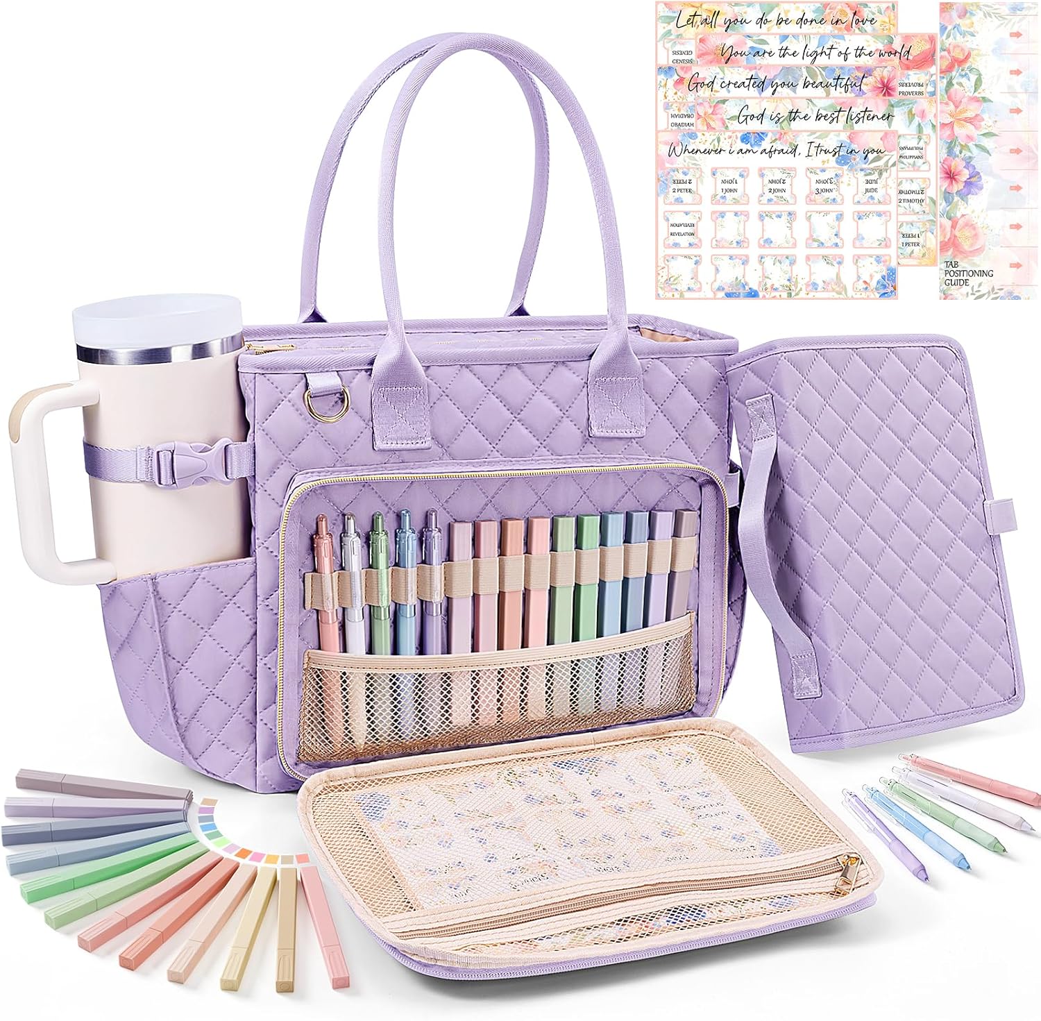 Large Bible Bag with Bible Cover Case for Women, Quilted Church Tote Bag Carrying Case w/Shoulder Strap, Bible Study Supplies Journaling Kit Accessories Easter Mothers Day Christian Gift for Women Mom