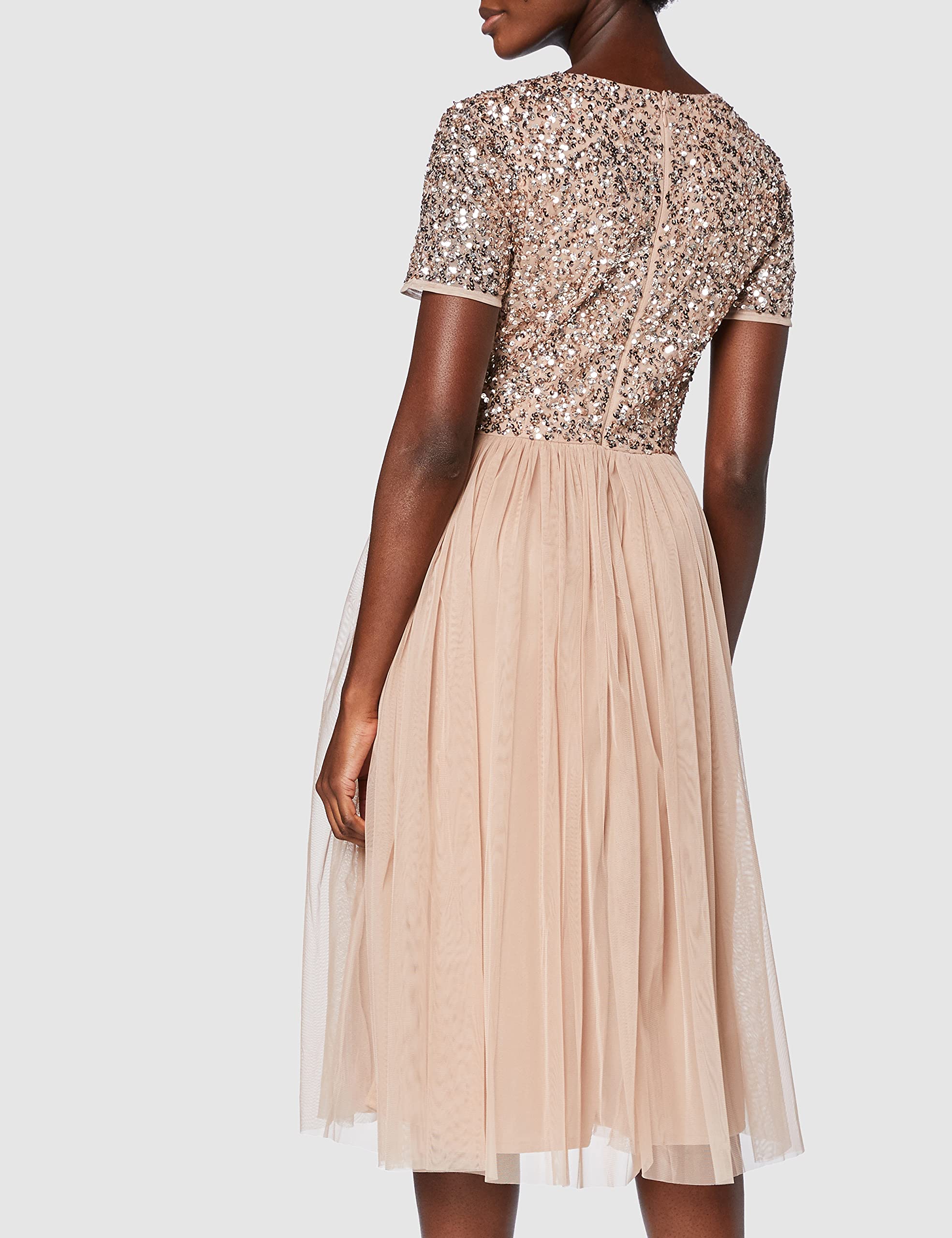 Maya Deluxe Vestido de Noche Midi Adornado para Mujer, Cuello en V con Manga Corta para graduación, Boda Dama de Honor, Rubor Taupe, 38