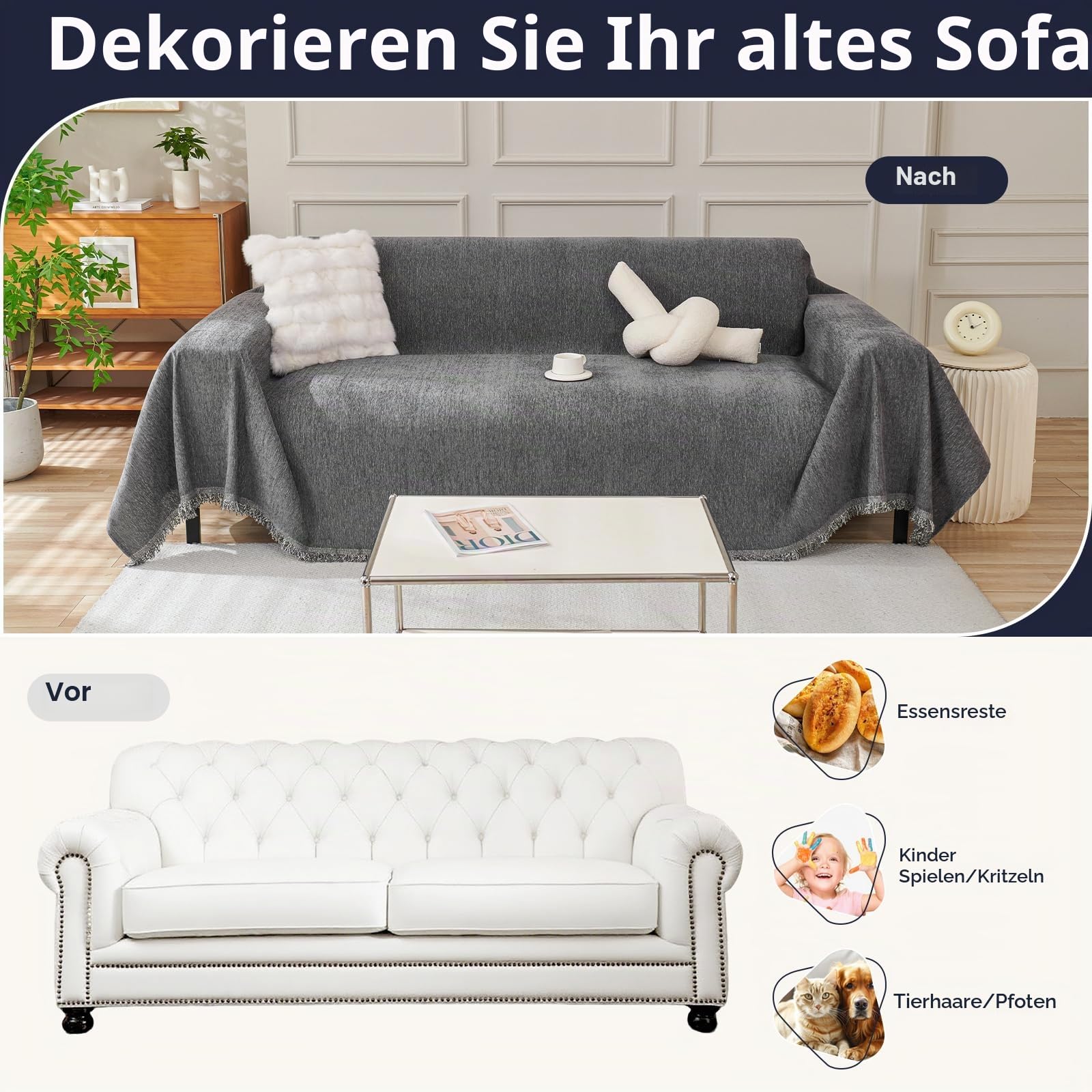 Royhom Sofa Überzug Chenille, Sofabezug L Form, Couch Überzug Ecksofa, Sofaüberwurf 3 Sitzer, Couch Überwurf mit Deko Quasten, Grau Sofa Überwurf(Dunkelgrau, 180x340cm)