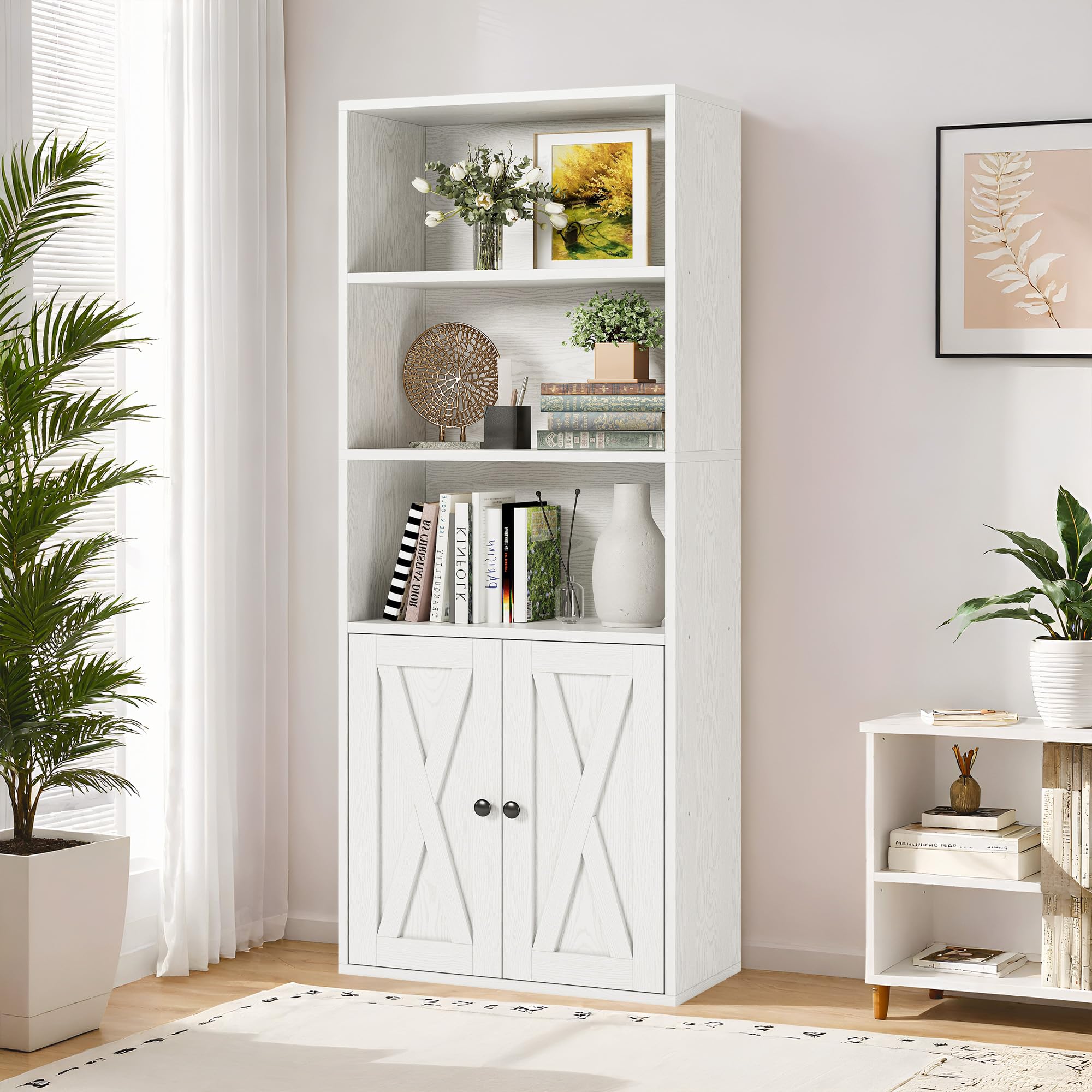 IRONCK Bücherregal mit 2 Türen, Standregal mit 5 Ebenen, Industriestil Bücherschrank, Vitrinenschrank Aufbewahrungsregal für Arbeitszimmer, Büro, Wohnzimmer, Schlafzimmer, Weiß