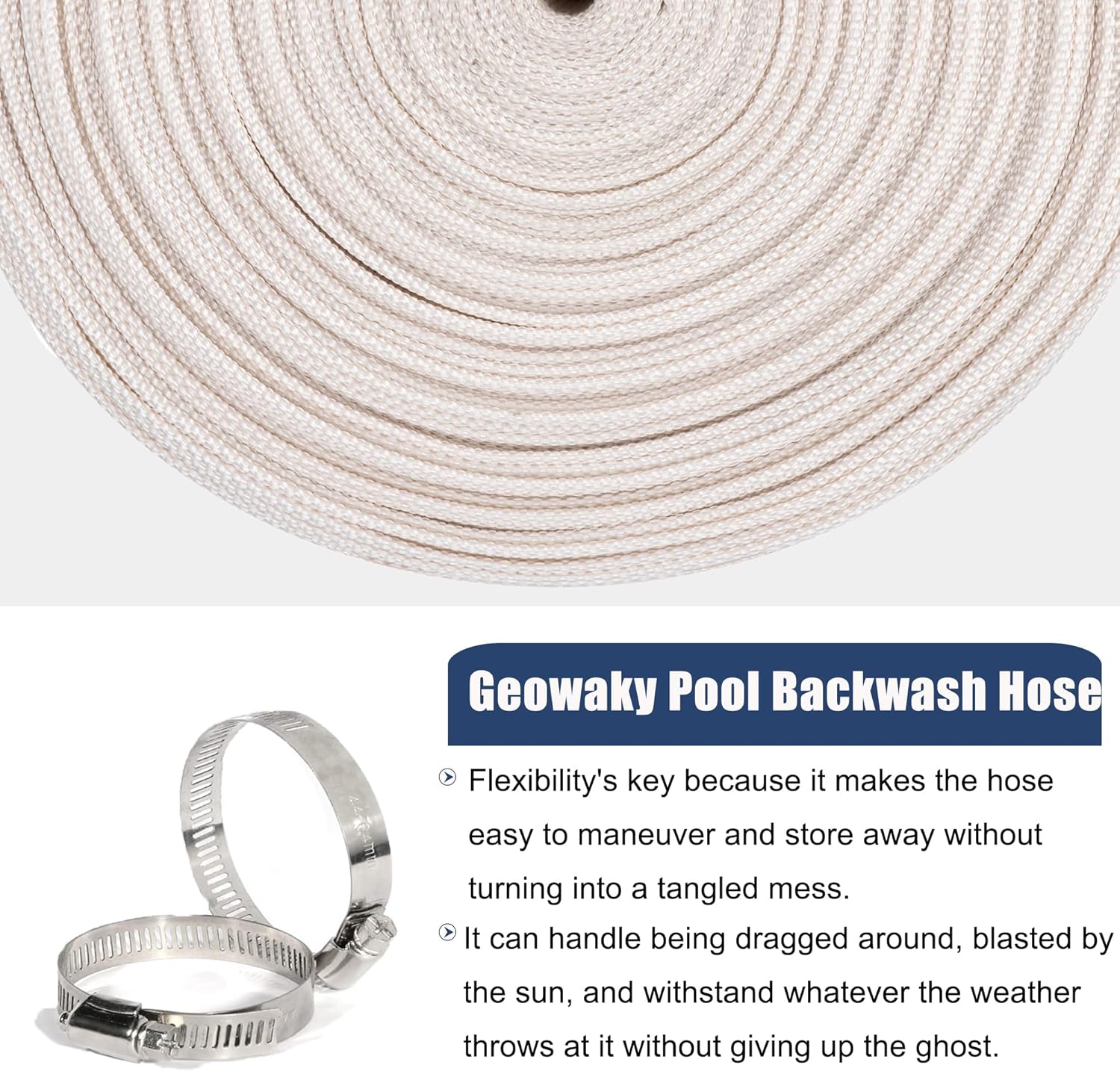 Product image Backwash Hose 2"ID x 100ft Swimming Pool Discharge Hose Heavy Duty PVC Water Hose With 2 Clamps General Purpose Lay-Flat Pump Drain Pipe for Water Transfer Applications, White