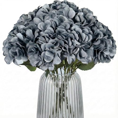 2Bouquets Artificial Fake Flowers Silk Hydrangea Arrangements Wedding Bouquets Decorations Plastic Floral Home Kitchen Garden Party Festival Bar DIY (Grey,5 Flower Heads)