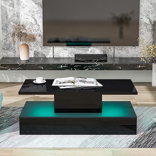 Miniatura 168 de Mesa de centro moderna con 2 cajones de almacenamiento y estantes de exhibición, mesa de cóctel rectangular con luces LED de 16 colores, ideal para