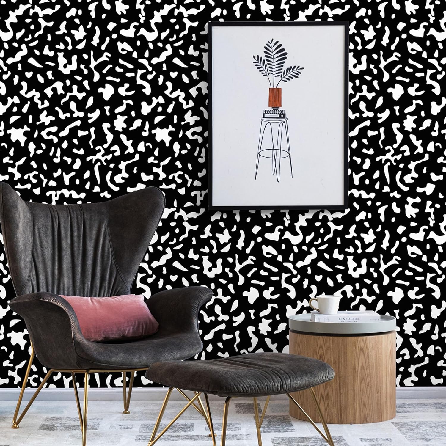 CAX Black and White Contact Paper 17.3"x1200"Modern Self-Adhesive Black and White Shape Wall Paper Abstract Peel and Stick Wallpaper for Bedroom Accent Wall Covering