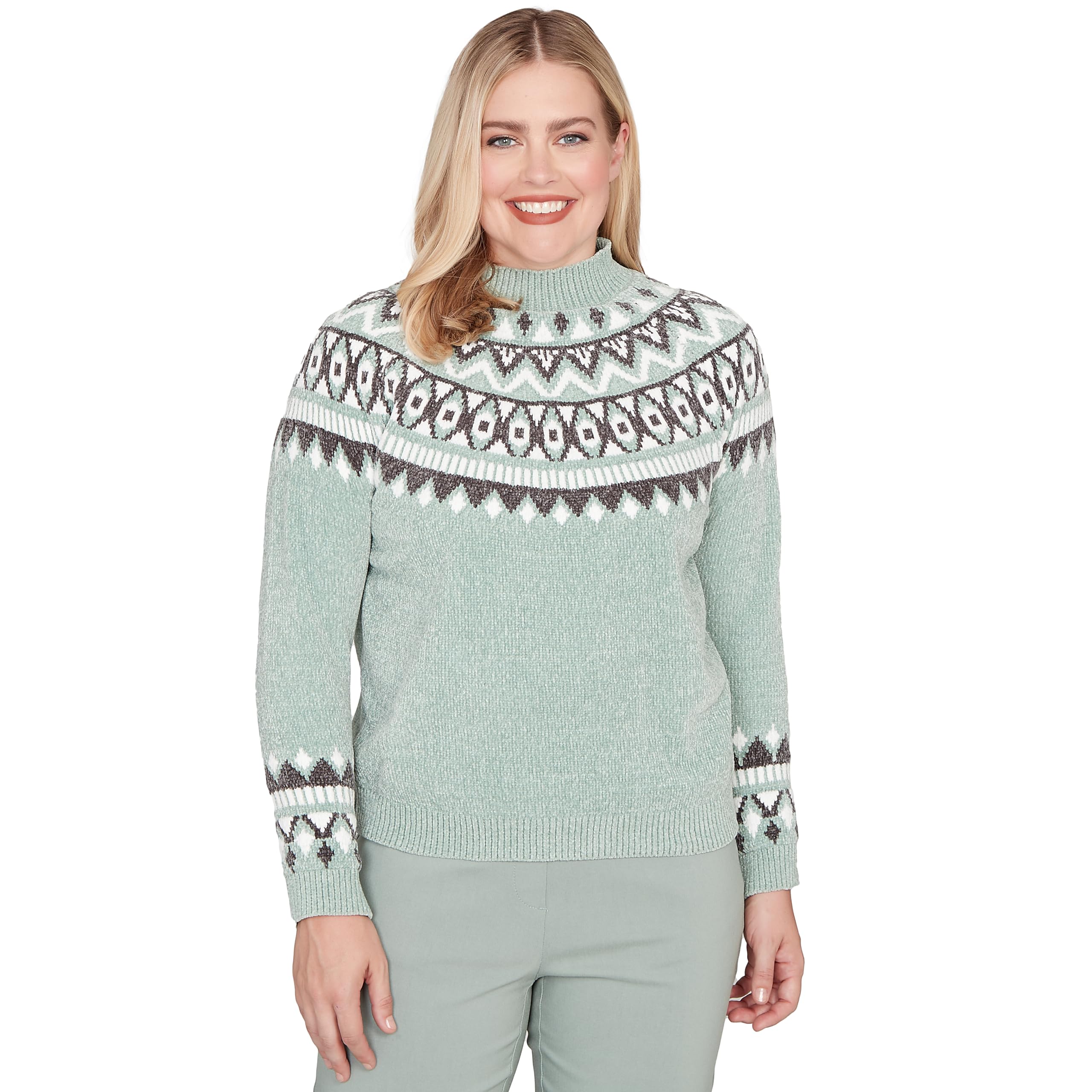 Alfred Dunner Womens Fair Isle Pattern Chenille Sweater