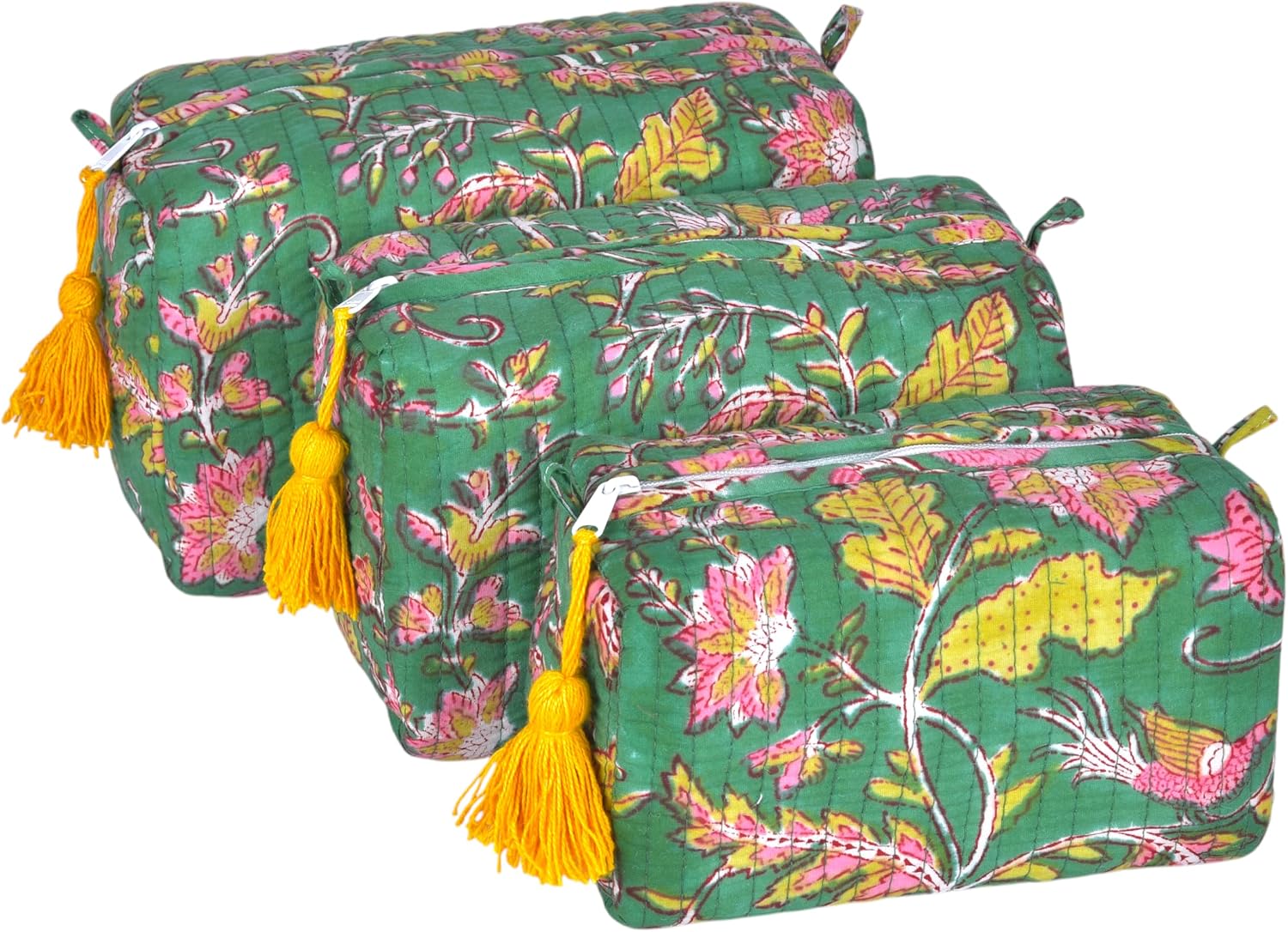 Quilted Floral Block Print Makeup Bag Set of 3 – Cotton Travel Toiletry and Makeup Organizer, Cosmetic Pouch, Toiletry Bag for Women, Cute Boho Coquette Make Up Bags for Women (Small, Medium, Large)