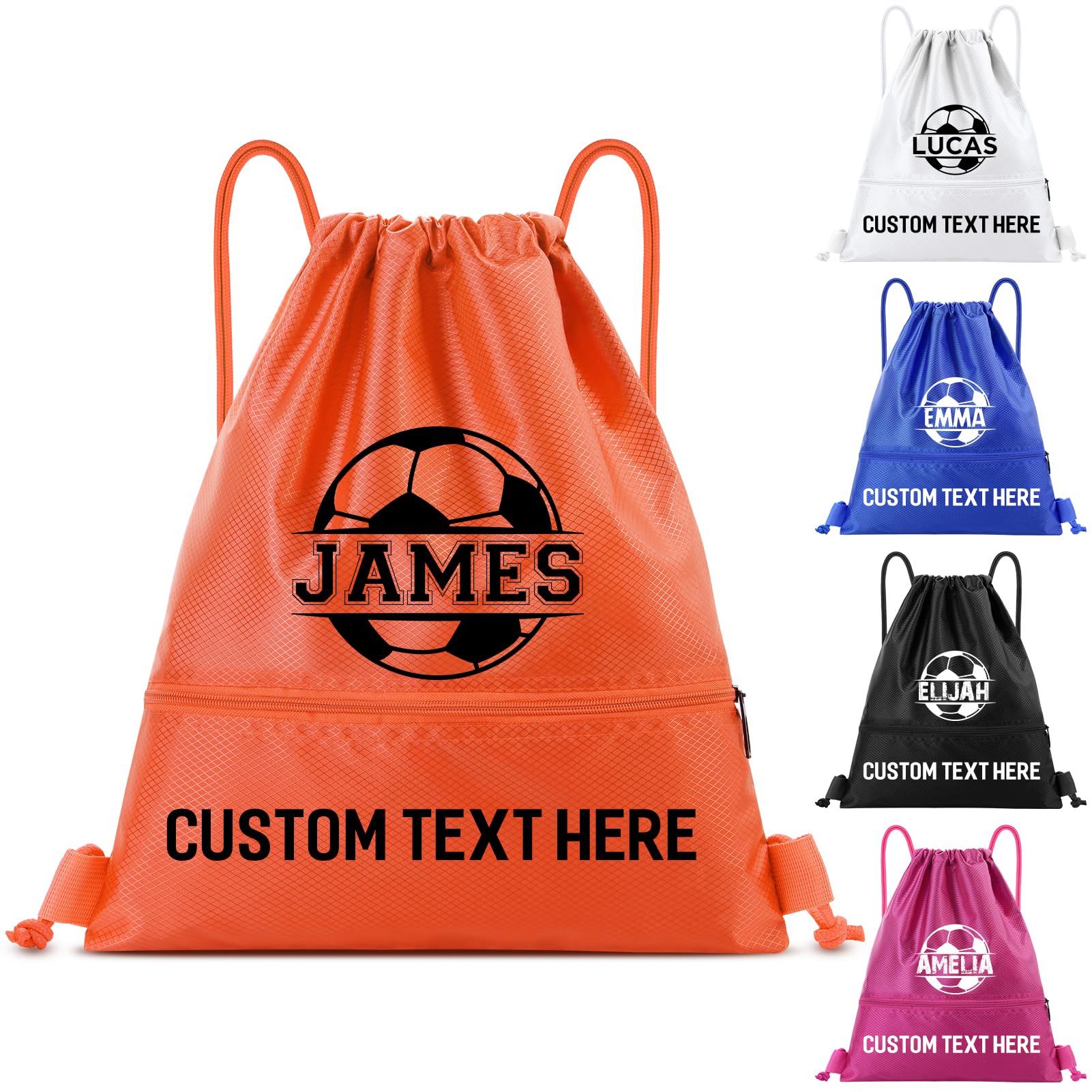 Fyore Personalised Drawstring Bag with Monogrammed Soccer and Name - Bulk Custom Polyester Fabric Drawstring Backpack for PE Kits Gym Sports School Swimming Drawstring Sack 36.5x44.5cm
