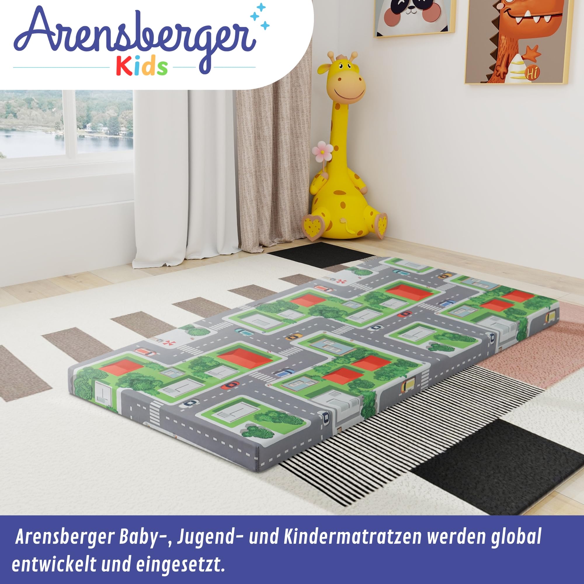 Arensberger Reisebett Matratze für Kinderbetten, Kinderreisebett 60x120 cm, 6cm Hoch, faltbar klappbar, Gelschaum, waschbarer Bezug, Tragetasche, Babybettmatratze, Babymatratze Kindermatratze, Öko-Tex