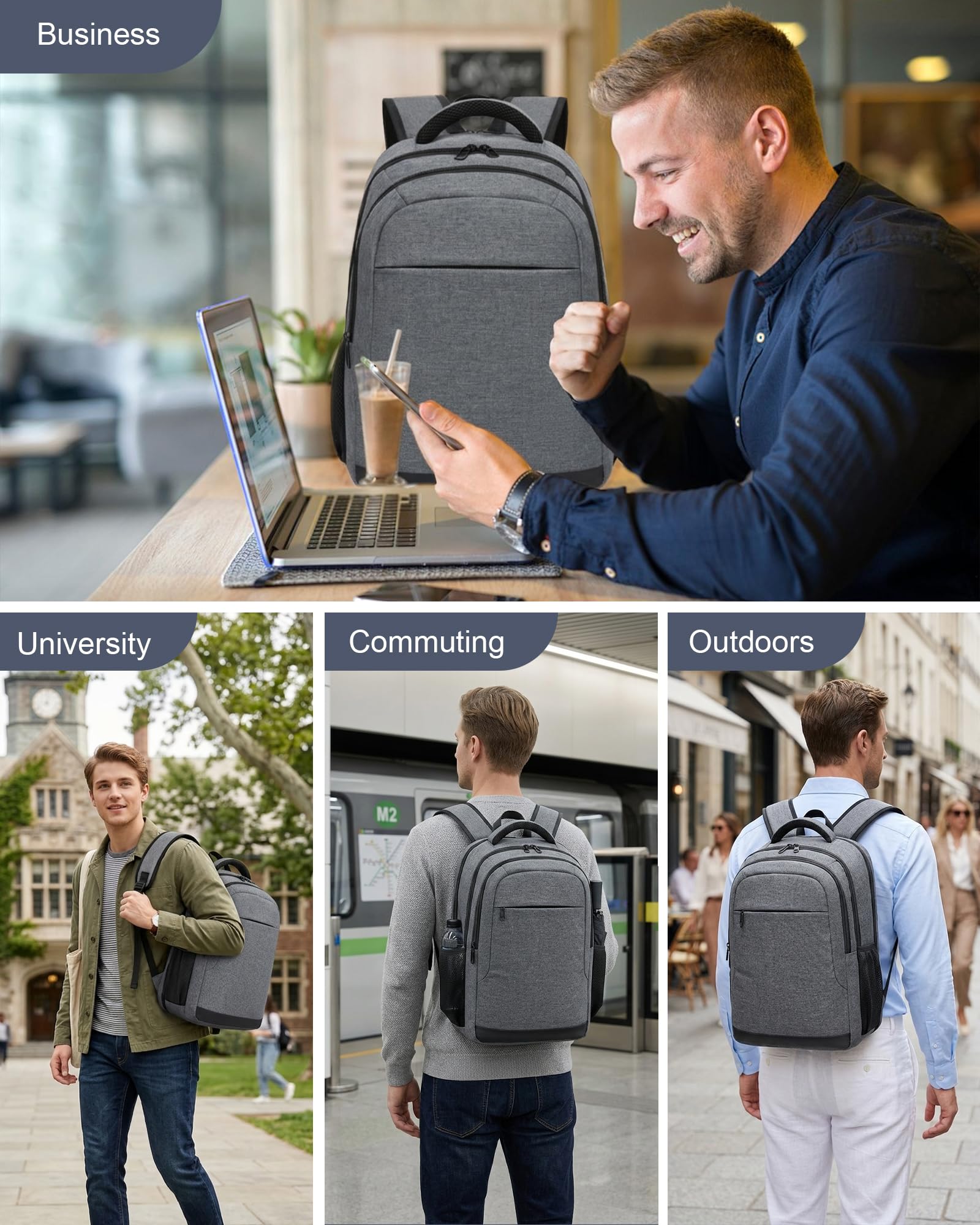 Mochila Portátil 15,6 Pulgadas Hombre Mujer, Mochila Trabajo con Compartimento PC Apertura Completa, Ligera Antirrobo para Viaje Oficina Universidad Diario (Gris)