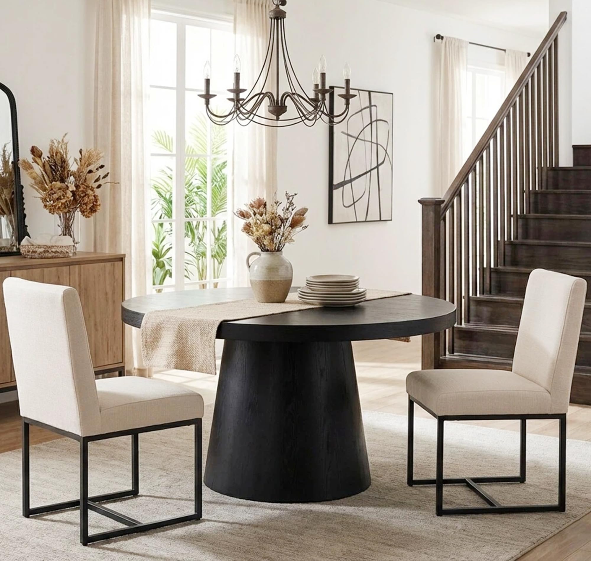 Shunzhi Upholstered Modern Dining Chairs Set of 2 Linen Mid Century Dining Room Chairs Armless Side Chair Comfy Kitchen Chairs with Black Metal Base