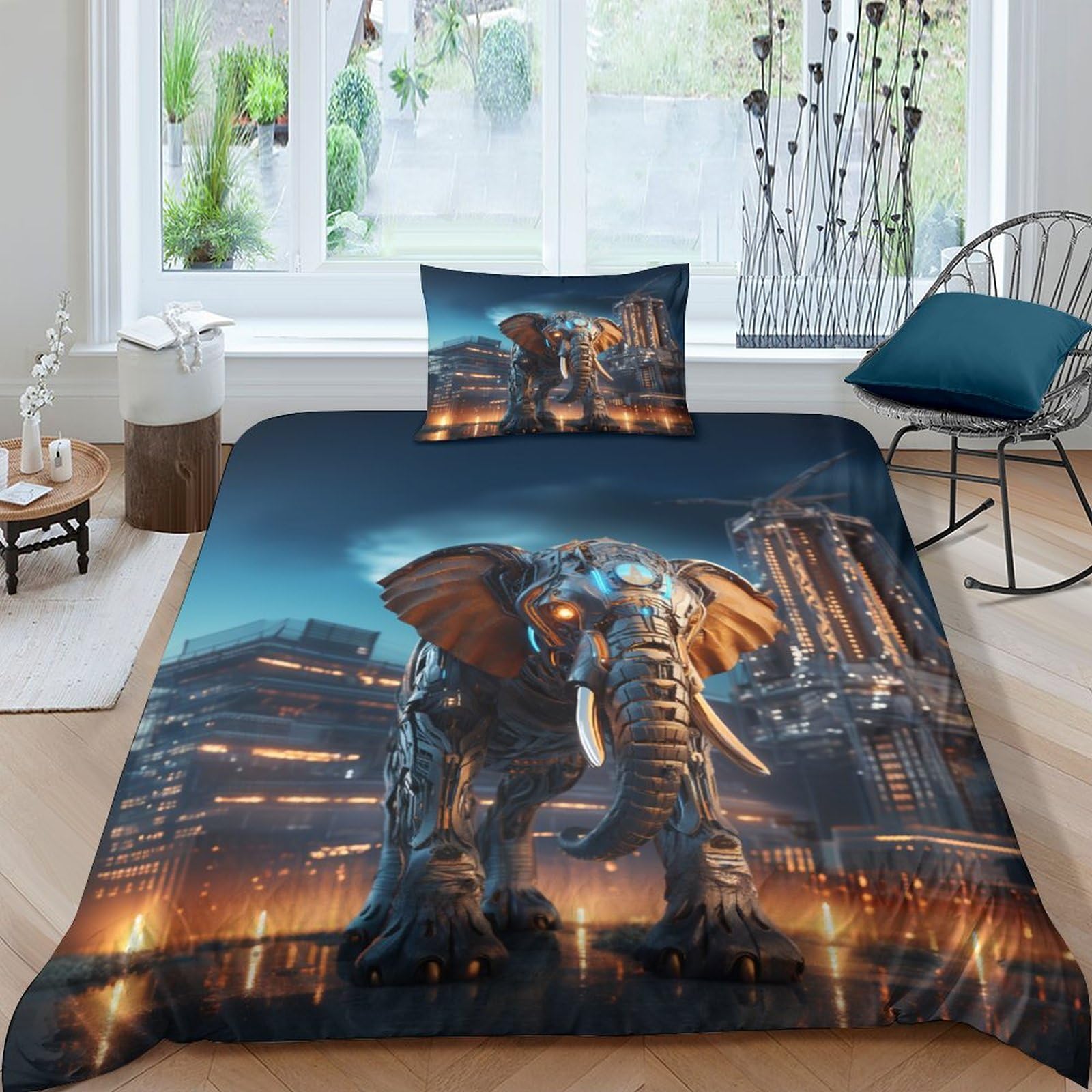 GEEYOU Elephant Warmth to Sleep Duvet Cover Set Hidden Zipper African Elephant Quilt Cover Set with Pillowcases Bedding Set Soft Microfiber Comforter Cover Various Sizes Single（135x200cm）