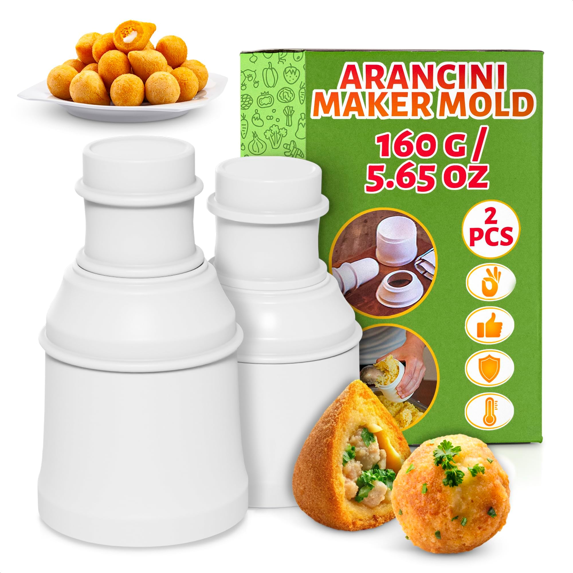Arancini Maker Mold Set of 2 – 160g/5.65oz Rice Ball Maker Mold, Traditional Italian Rice Balls – Round & Pointed Shapes, Easy to Use, Easy to Clean | Comfortable Grip for Home or Professional Use