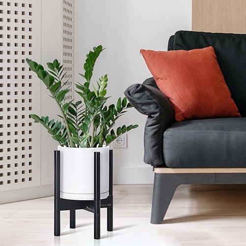 Miniatura 2 de D'vine Dev Maceta de cerámica con soporte de ébano, maceta redonda moderna de 8 pulgadas con soporte para maceta de madera, color blanco, 55-B-M-1