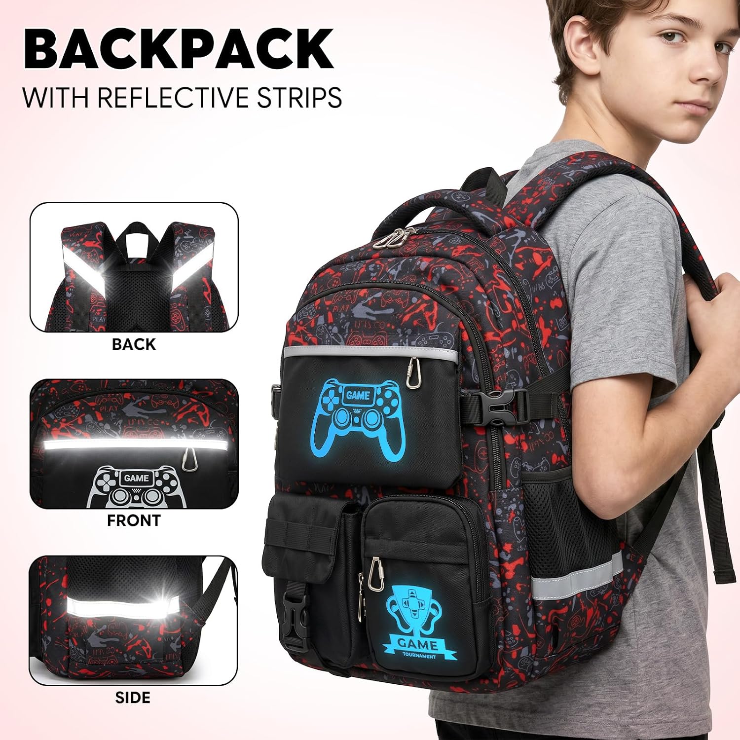 Luminous Glow in The Dark Kids Backpack for Boys, 3PCS Set Large Capacity School Bookbag with Game Print and Lunch Box, Lightweight School Bag for Elementary Middle High Students Teens,BLACK-RED