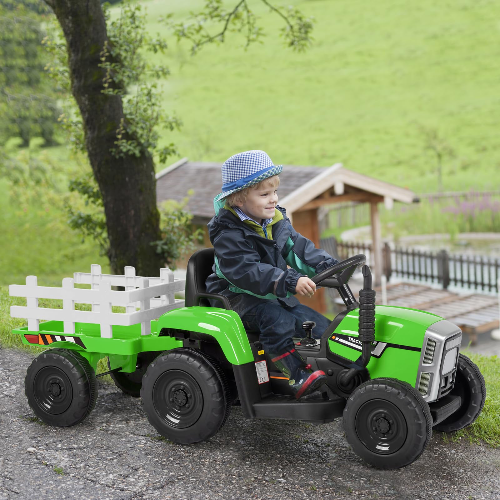 LALAHO Kinder Traktor mit abnehmbarem Anhänger LED Musik USB Hupe | Aufsitztraktor mit vielfältigen ofunktionen für Kleinkinder