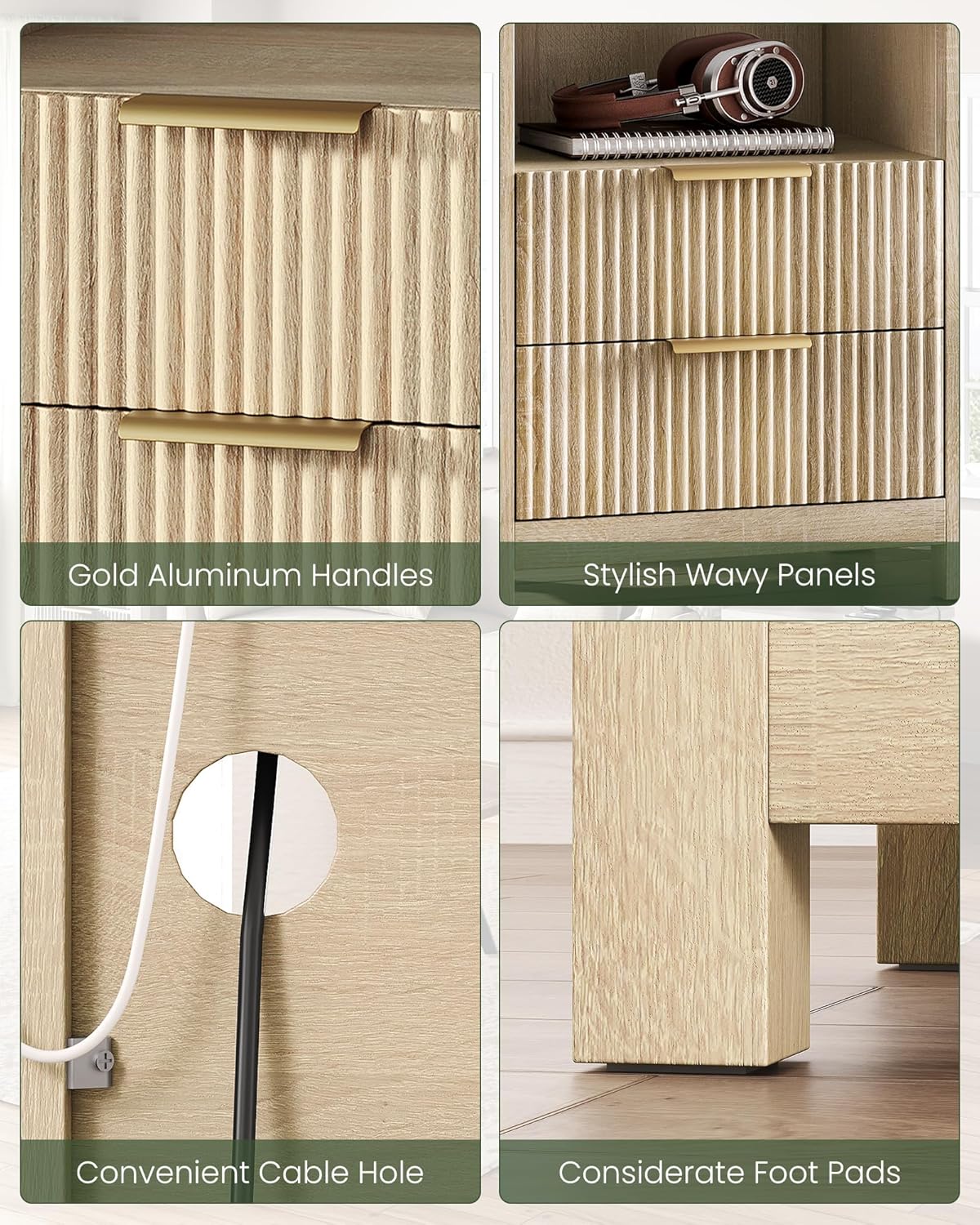 Nightstand with Charging Station, Fluted End Table 2 Drawers, Farmhouse Nightstands with Fluted Panel, Engineered Wood Side Table for Bedroom Sunwashed Ash Oak MBZ06USO