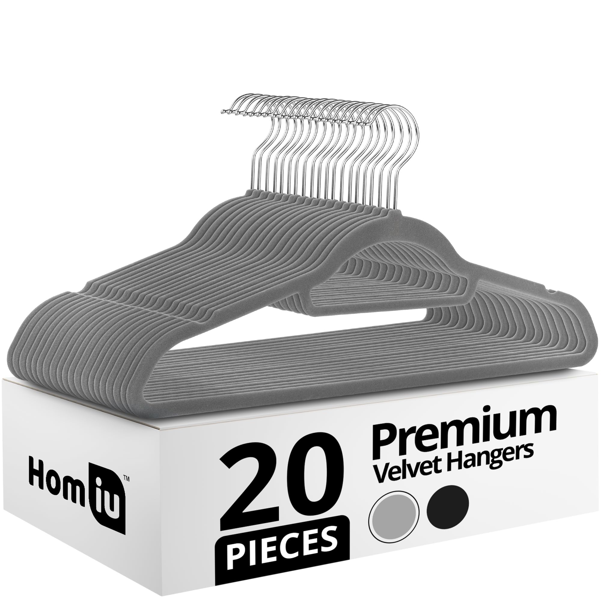 Homiu Grey Velvet Suit Hangers – 20 Pack, – Non-Slip With 360° Swivel Hook & Tie Bar – Heavy-Duty, Space-Saving Clothes Hangers For Adults