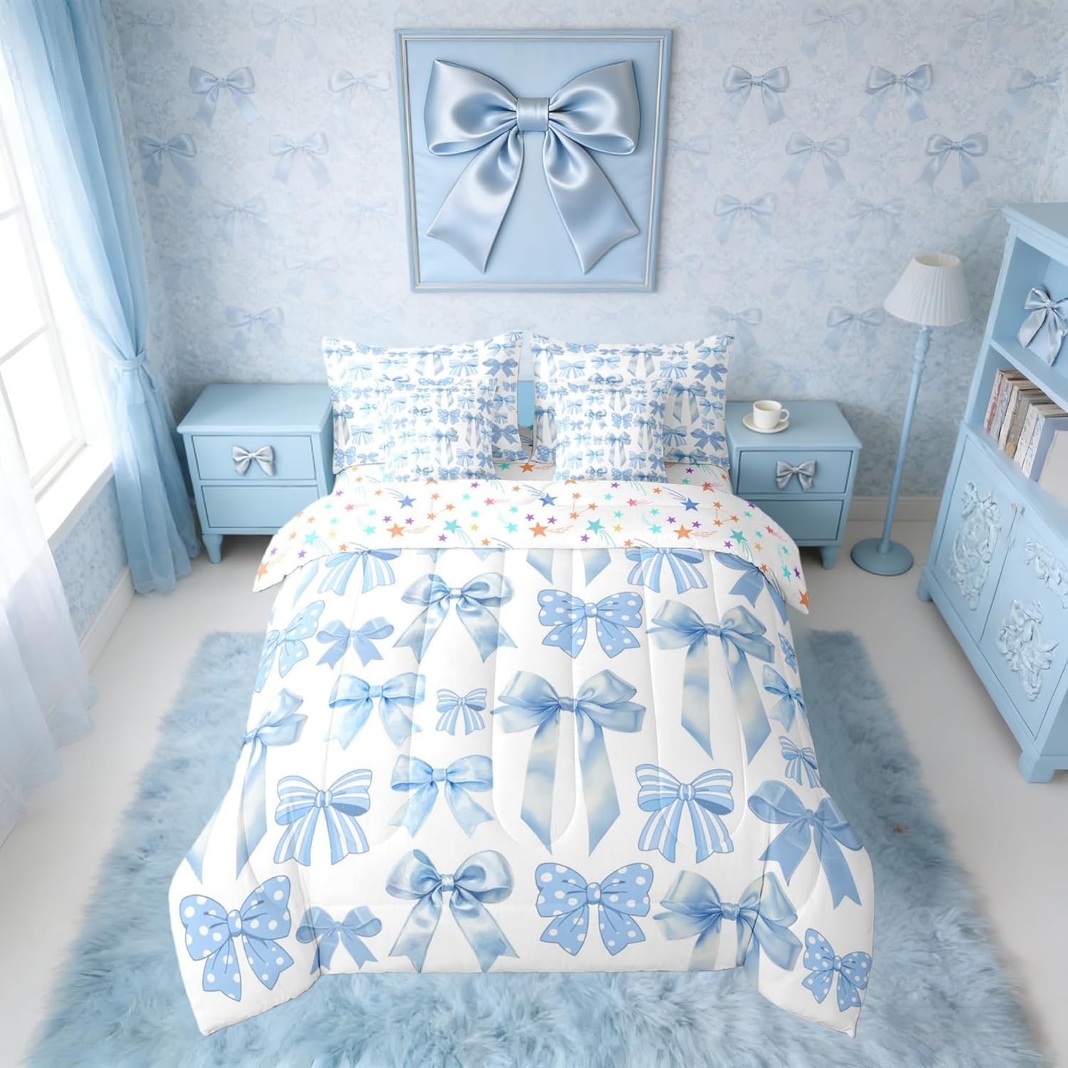 Erosebridal 7 Piece Blue Bowknot Comforter Set with Sheets for Kids Teens Women Cute Ribbon Bow Bed in A Bag Full,Preppy Trendy Kawaii Coquette Bedding Set Butterfly Knot Bow Tie Bed Set