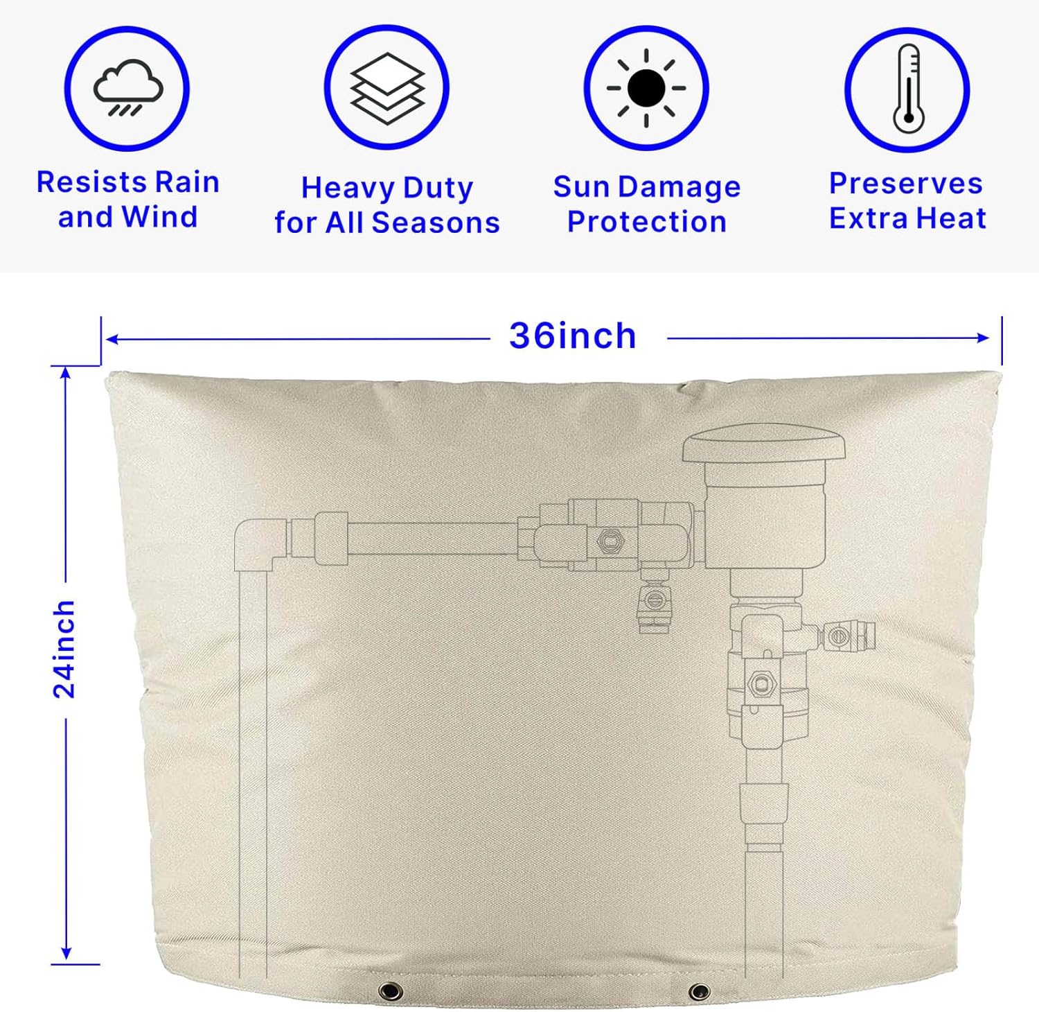 Backflow Preventer Insulation Cover – 5F/5℉ Winter Freeze Protection for Sprinkler, Pressure Vacuum Breaker, Well Pump & Outdoor Plumbing Valves – Waterproof, Insulated, (36" W x 24" H, Beige)