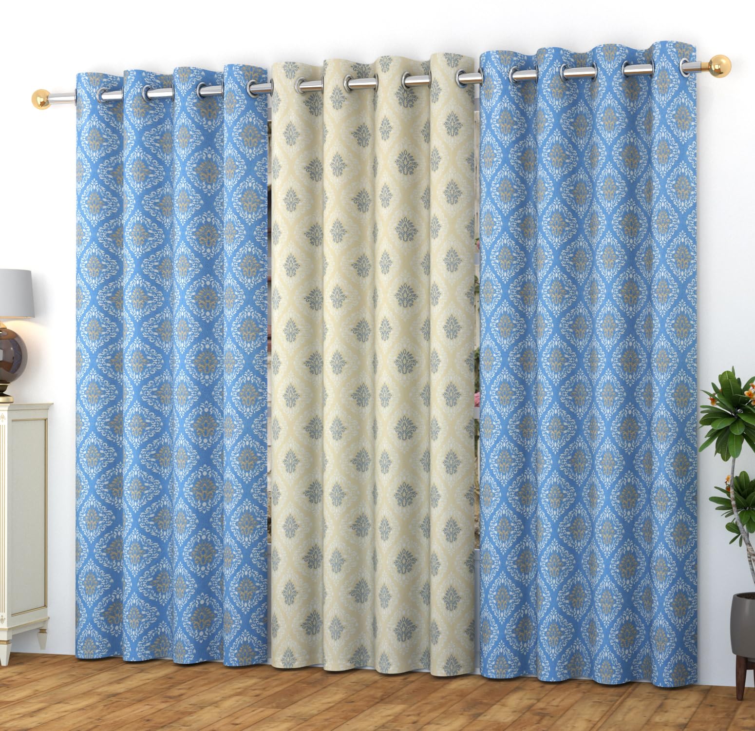 CRAFT SHOPPING Polyester Nexus Design Printed Room Darkening Door Curtain 8 Feet Long Set of 3 | Blackout Curtains for Bedroom Living Room Decor - Blue & Cream (B0CSDMGK28) Amazon Price History, Amazon Price Tracker