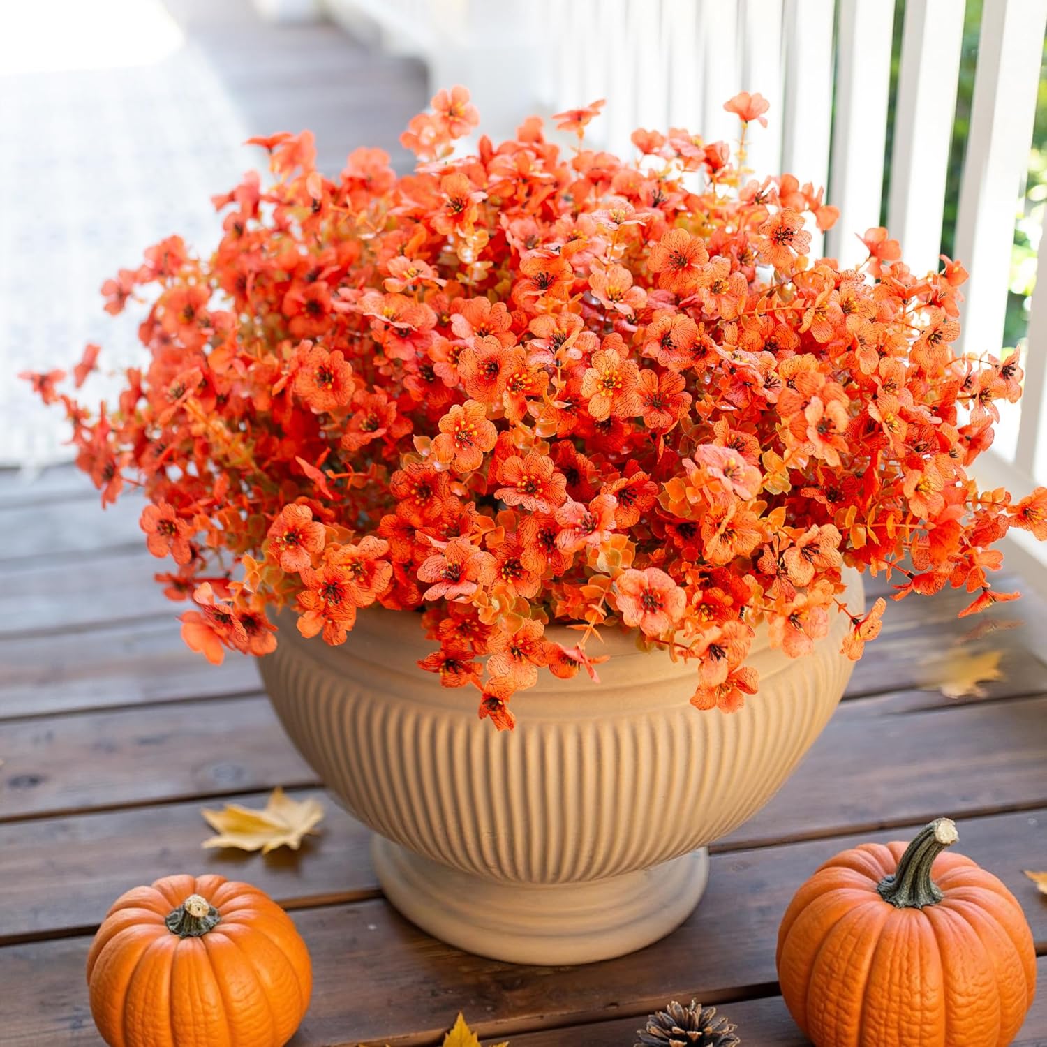 HyeFlora Artificial Fall Flowers Faux Mums for Outdoor Indoor Garden Home Decoration, Faux Flower Daisy with Eucalyptus Leaves Fake Mums Plants Greenery Boxwood Porch Patio, 12 Bundles (F Orange) - Image 6