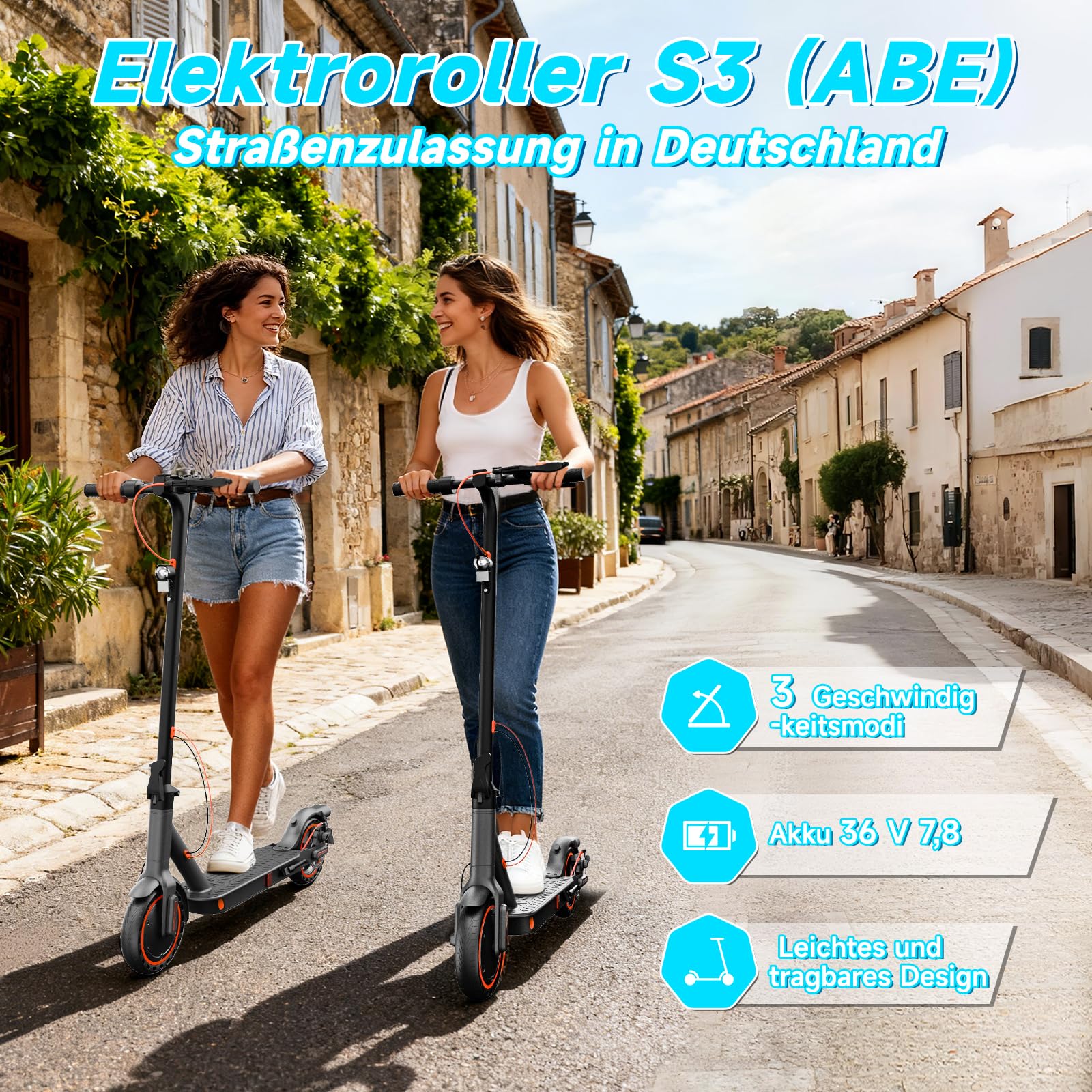 E-Scooter mit ABE Straßenzulassung, 350W Elektroroller, App, 35 km | Faltbarer E-Roller bis 20 km/h, 35 km Reichweite, Smart App Steuerung, 8,5" Wabenreifen, E-ABS & Scheibenbremse (S3ABE/S6ABE)