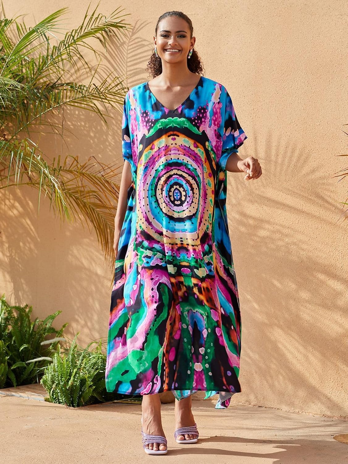 Plus Size Beach Kaftan Dresses for Women Print V-Neck Long Swimsuit Cover Ups - Image 6