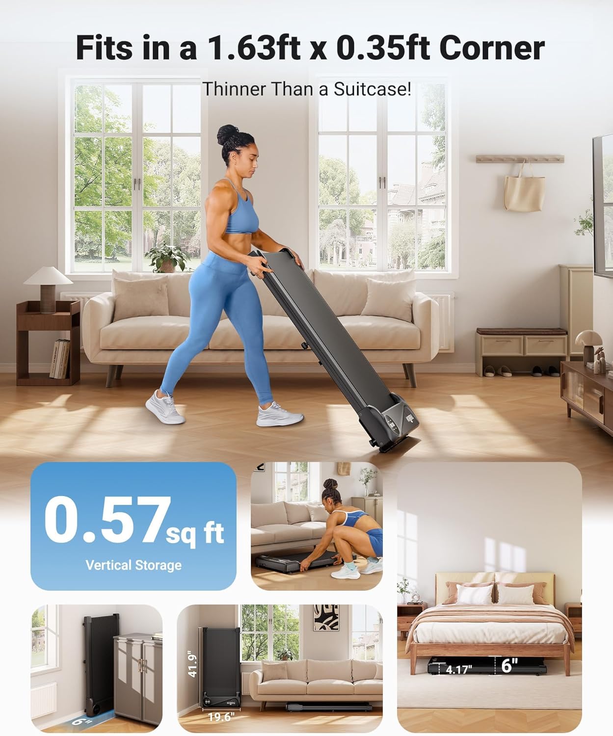 THERUN W1 Link Under Desk Treadmill folded for compact storage.