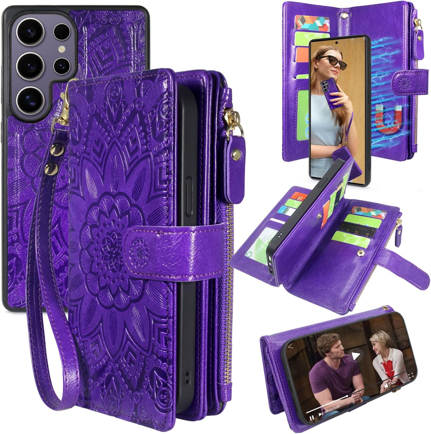 Harryshell Compatible with Samsung Galaxy S25 Ultra Wallet Case Detachable Phone Cover with Zipper Cash Coin Pocket Multi Card Slots Holder Wrist Strap Lanyard 6.9 inch (Floral Purple)