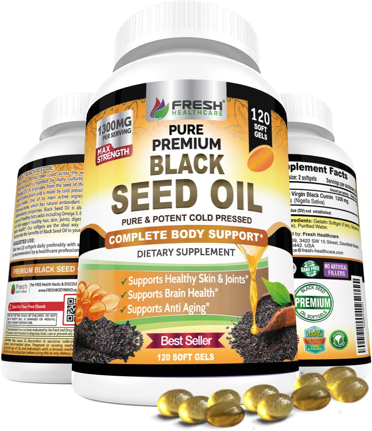 FRESH HEALTHCARE Black Seed Oil Capsules Cold Pressed 1300mg - 100% Pure Non-...