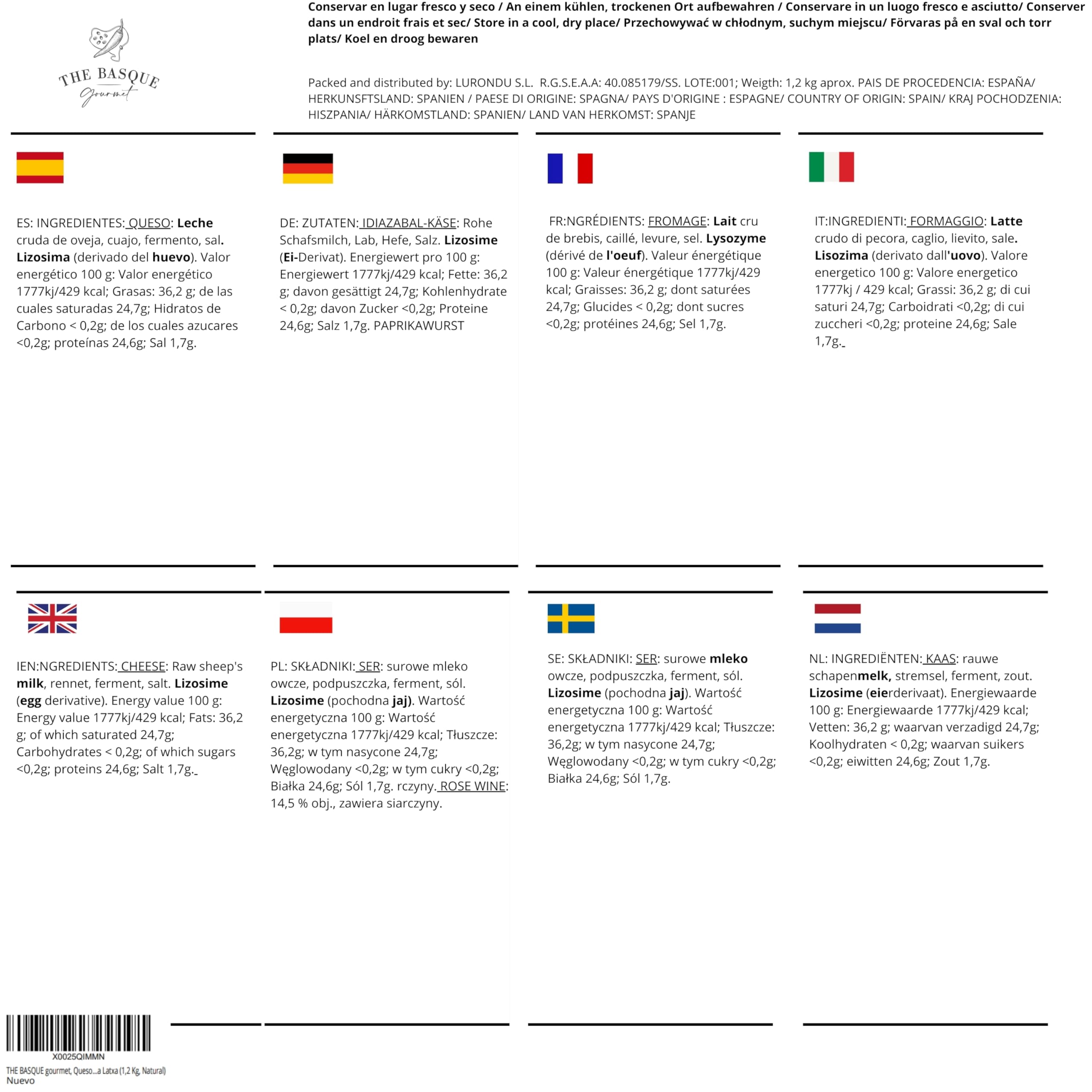 THE BASQUE gourmet - Fromage blanc de brebis – Fromage Idiazabal AOP Naturel entier – 1,2 kg – Lait cru – Fromage affiné artisanal du Pays Basque – Présenté en boîte cadeau (1,2 Kg, Naturel)