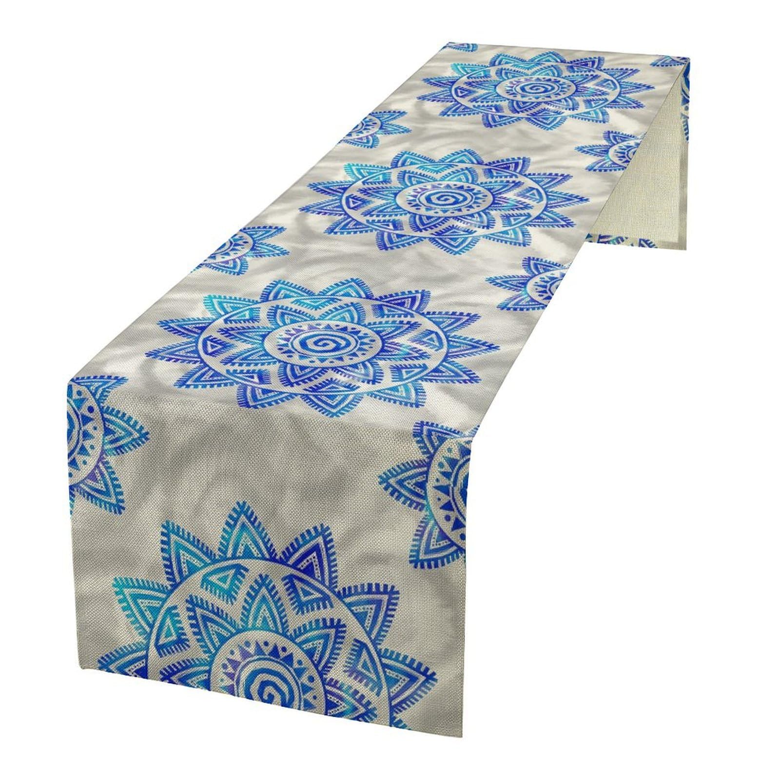 Boho Mandala Flower Table Runner Retro Ethnic Blue Watercolor Tribal Floral Oriental Seasonal Dinner Runner Farmhouse Home Kitchen Holiday Party Dining Table Decor 13x90in