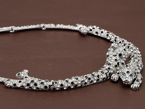 Miniatura 2 de Alilang Juego de collar y aretes de leopardo con diamantes de imitación transparentes de tono plateado para mujer, Metal, Diamantes de imitación