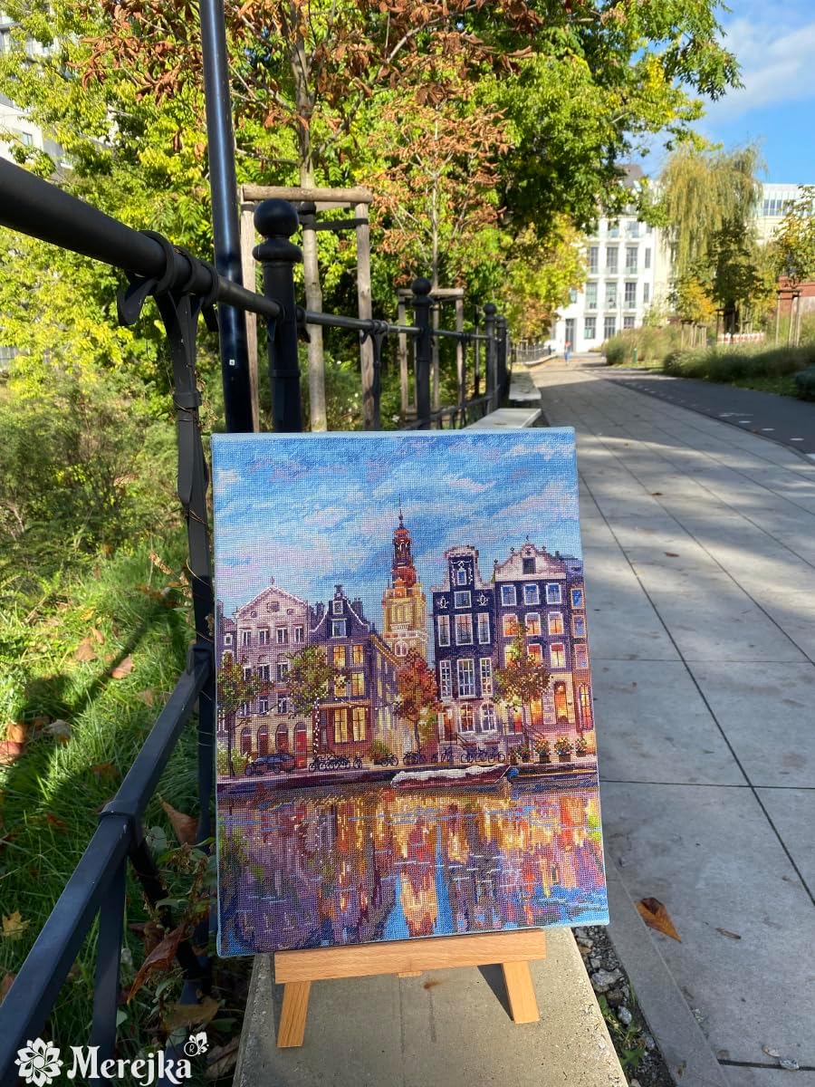 Merejka Cross Stitch Kit – Amsterdam Canal Houses (K-232) – Zweigart Aida 16 Blue-Grey, DMC Threads, 36 Colors, John James Needle – 30x39.5 cm / 11.8x15.5 in