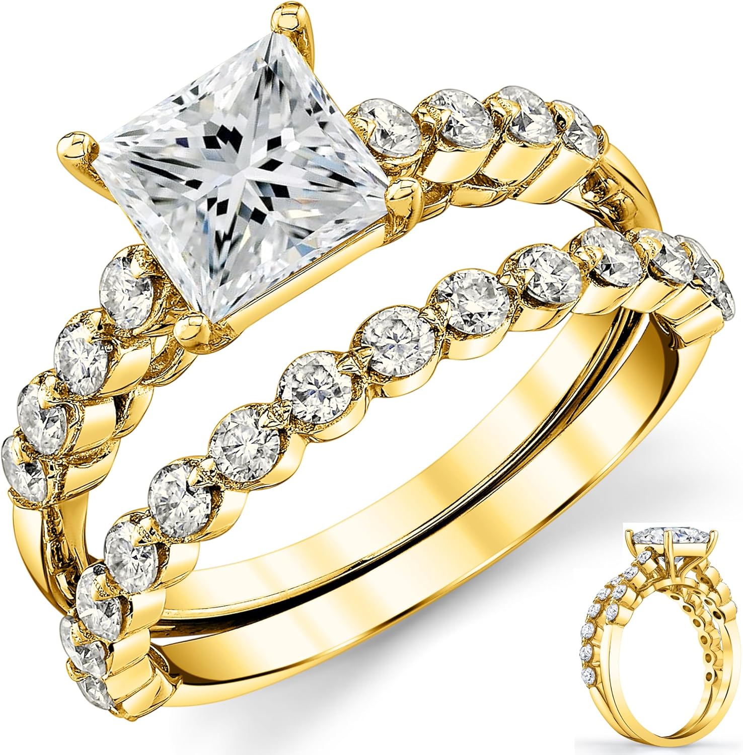 Metal Masters 2.10Ct. Princess-Cut Moissanite Cathedral Wedding Bridal Set Engagement Ring 18K Yellow Gold over Silver