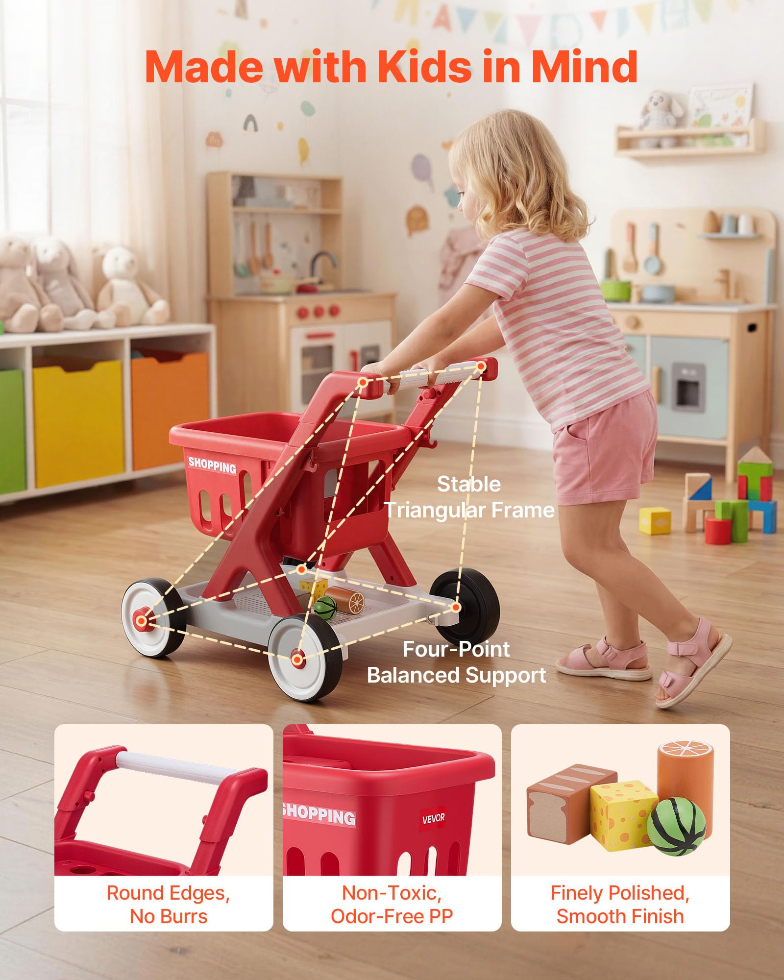 VEVOR Carrello della Spesa Giocattolo per Bambini, Carrello Supermercato Giocattolo, Scan e Sort con Alimenti Finti, Luci e Suoni, Altezza Regolabile, Gioco di Ruolo Supermercato per Bambini da 2 Anni