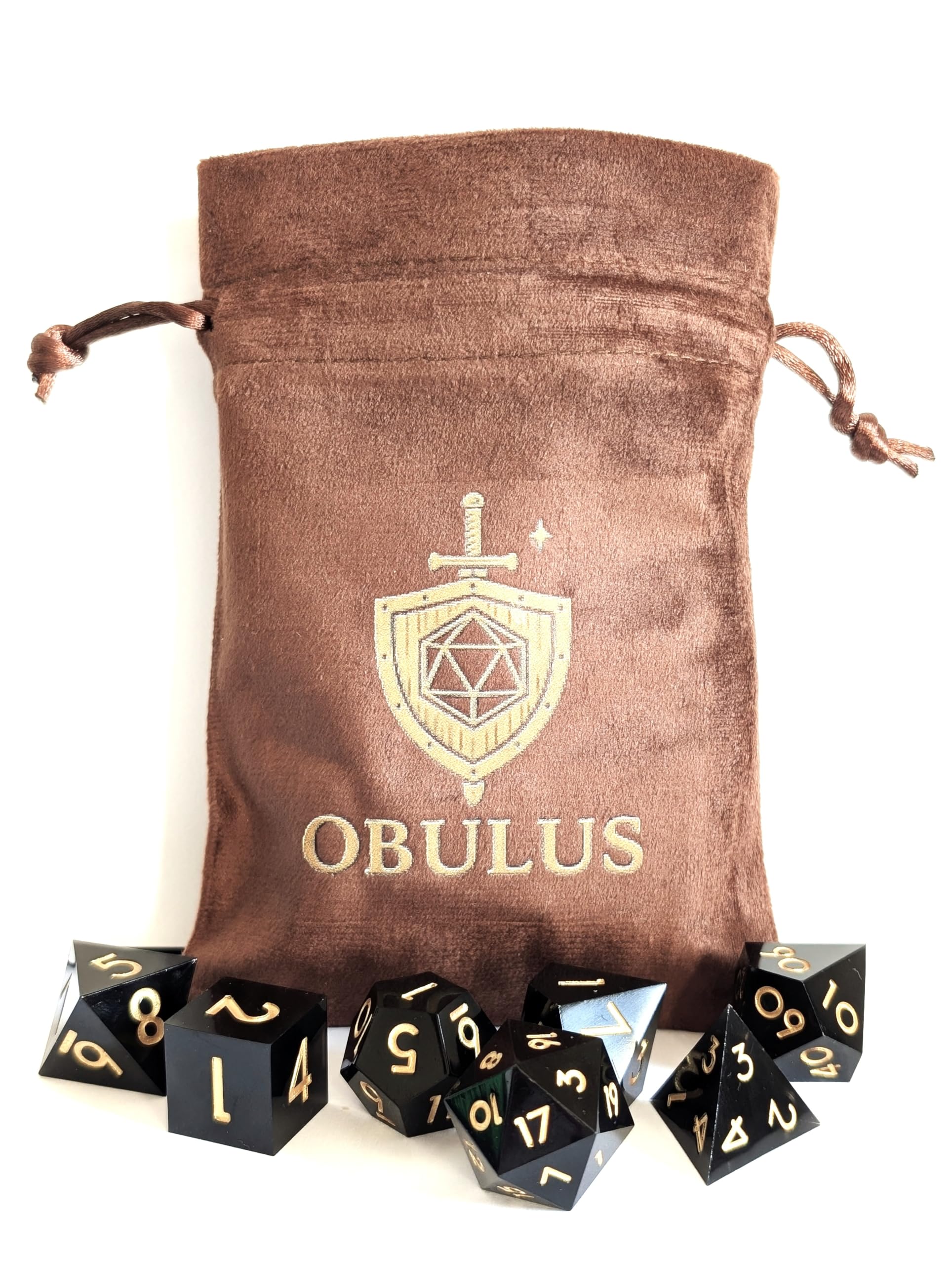 OBULUS, Set of 7 RPG Polyhedral Dice (D4-D6-D8-D10-D12-D20-D%), Black & Gold Roleplay Dice with Velvet Pouch, Accessories DND