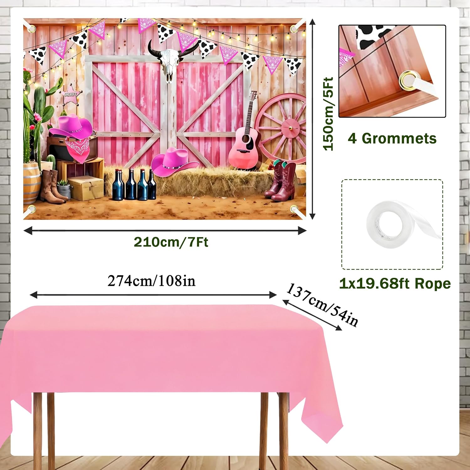 74Pcs Cowgirl Party Pink Western Balloon Arch Kit 7x5Ft Cowgirl Backdrop with Tablecloth, 68 Balloons West Rodeo Photo Booth Prop for Girls Cowboy Birthday Party
